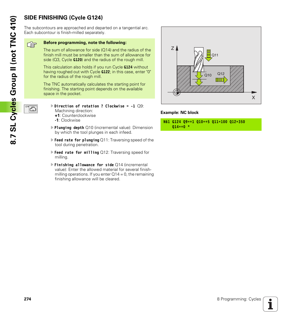 Side finishing (cycle g124), G124 side finishing (optional) | HEIDENHAIN TNC 410 ISO Programming User Manual | Page 300 / 489