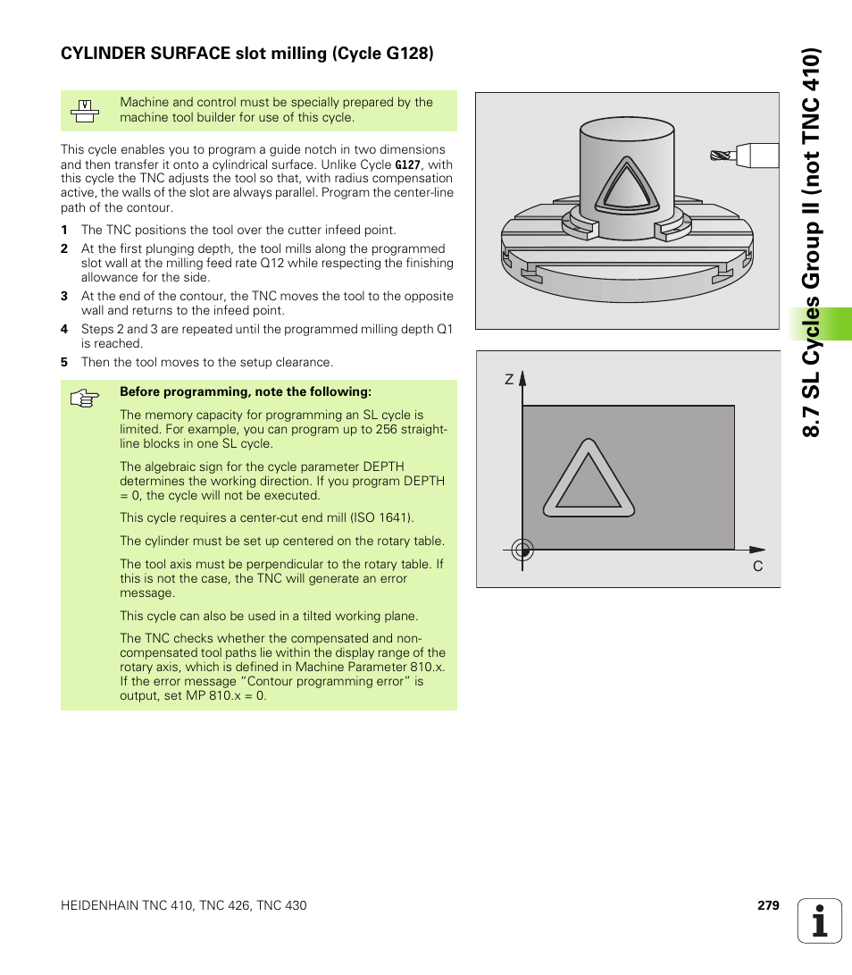 Cylinder surface slot milling (cycle g128), G128 cylinder surface slot milling | HEIDENHAIN TNC 410 ISO Programming User Manual | Page 305 / 489