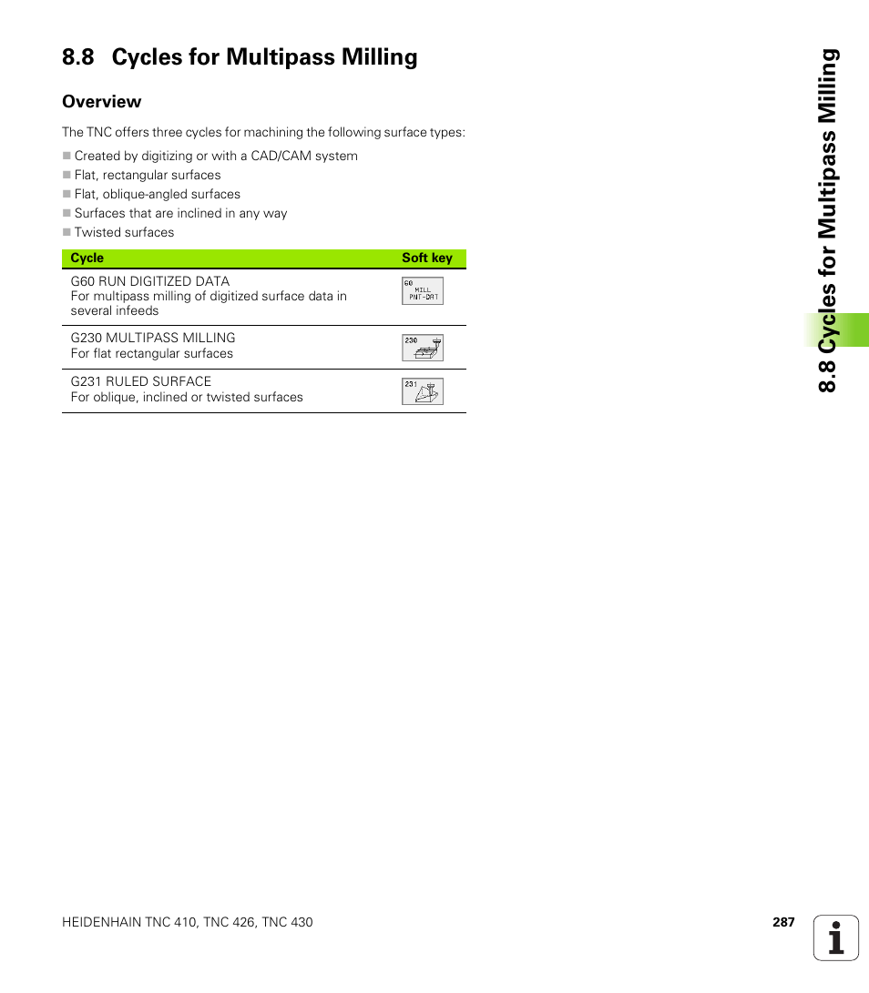 8 cycles for multipass milling, Overview | HEIDENHAIN TNC 410 ISO Programming User Manual | Page 313 / 489