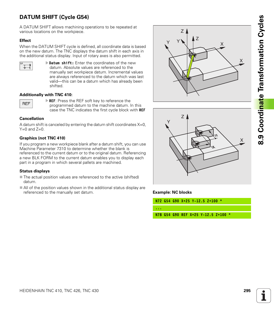 Datum shift (cycle g54), 9 coo rdi nat e t rans for m a ti on cy cle s | HEIDENHAIN TNC 410 ISO Programming User Manual | Page 321 / 489