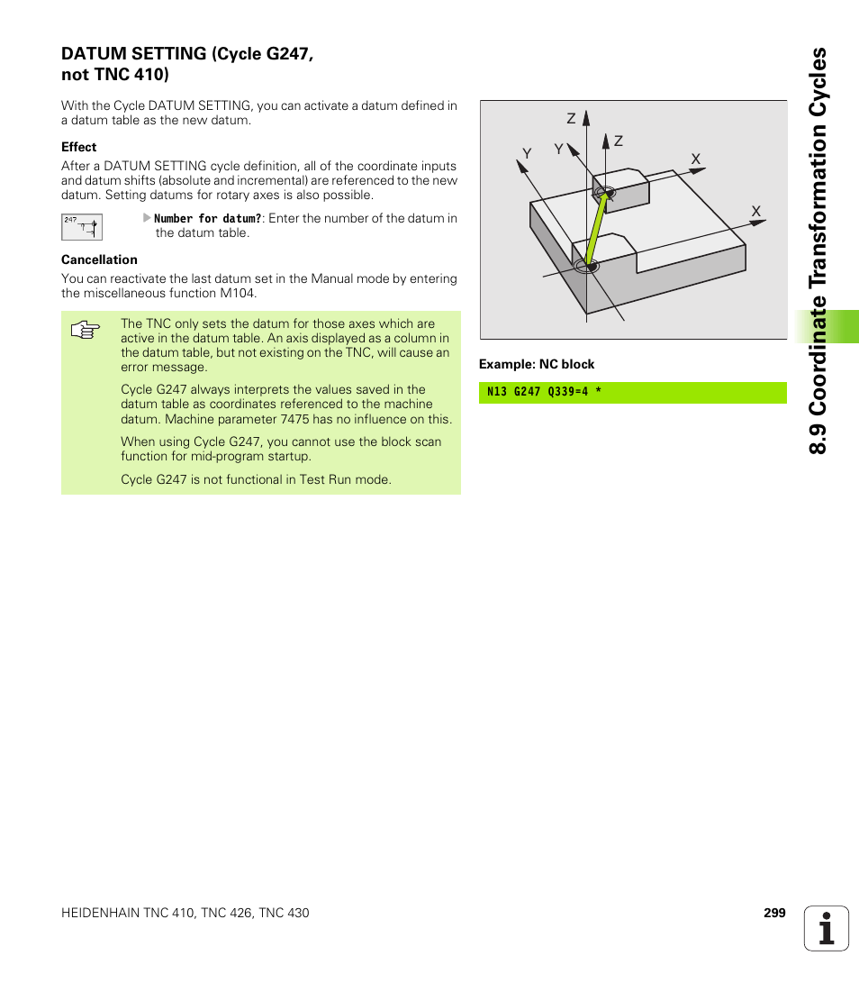 Datum setting (cycle g247, not tnc 410), 9 coo rdi nat e t rans for m a ti on cy cle s | HEIDENHAIN TNC 410 ISO Programming User Manual | Page 325 / 489