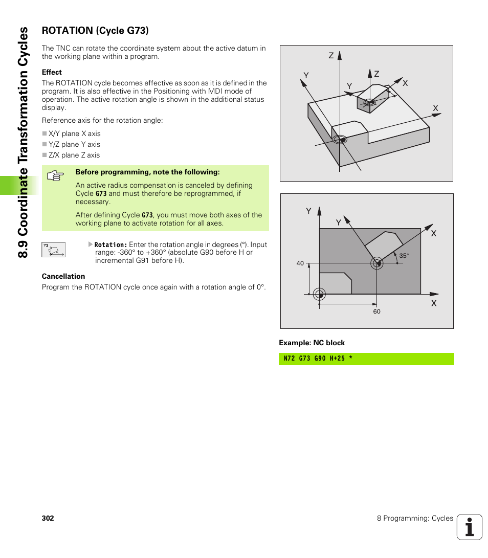 Rotation (cycle g73), 9 coo rdi nat e t rans for m a ti on cy cle s | HEIDENHAIN TNC 410 ISO Programming User Manual | Page 328 / 489