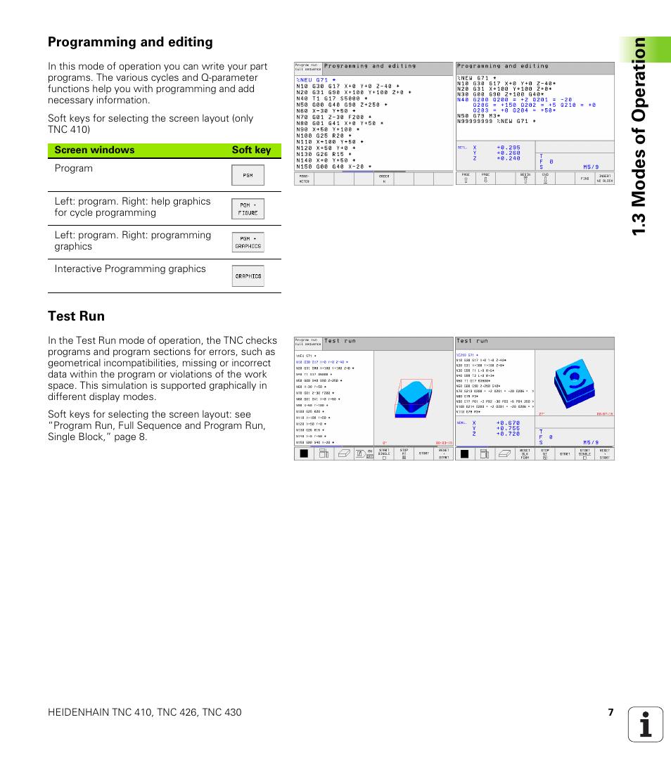 Programming and editing, Test run, 3 mo des o f oper atio n | HEIDENHAIN TNC 410 ISO Programming User Manual | Page 33 / 489