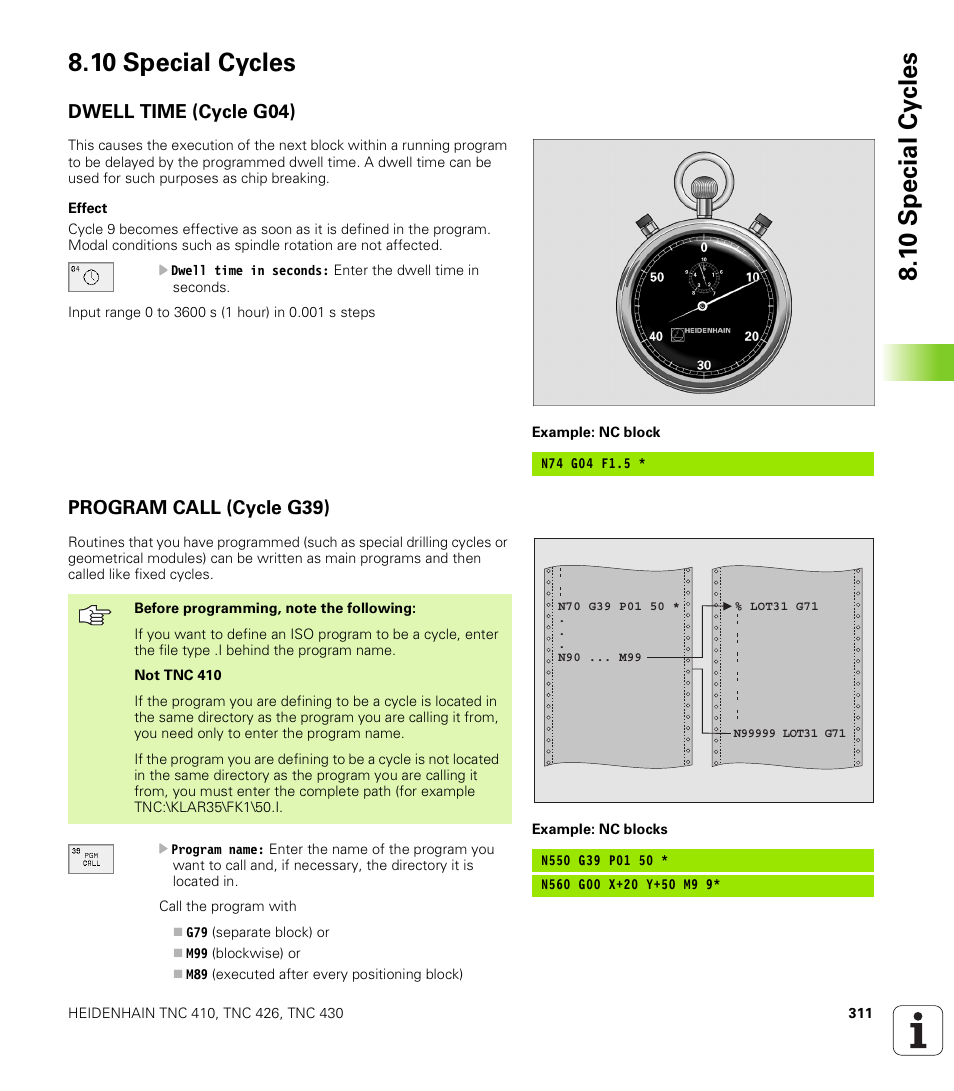 10 special cycles, Dwell time (cycle g04), Program call (cycle g39) | HEIDENHAIN TNC 410 ISO Programming User Manual | Page 337 / 489