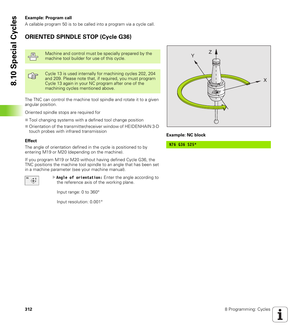 Oriented spindle stop (cycle g36), 1 0 spe c ial cy cle s | HEIDENHAIN TNC 410 ISO Programming User Manual | Page 338 / 489