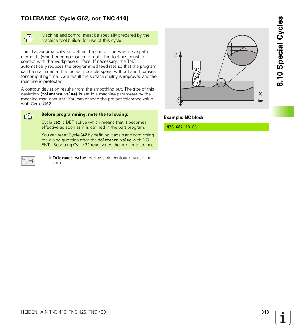 Tolerance (cycle g62, not tnc 410), 1 0 spe c ial cy cle s | HEIDENHAIN TNC 410 ISO Programming User Manual | Page 339 / 489