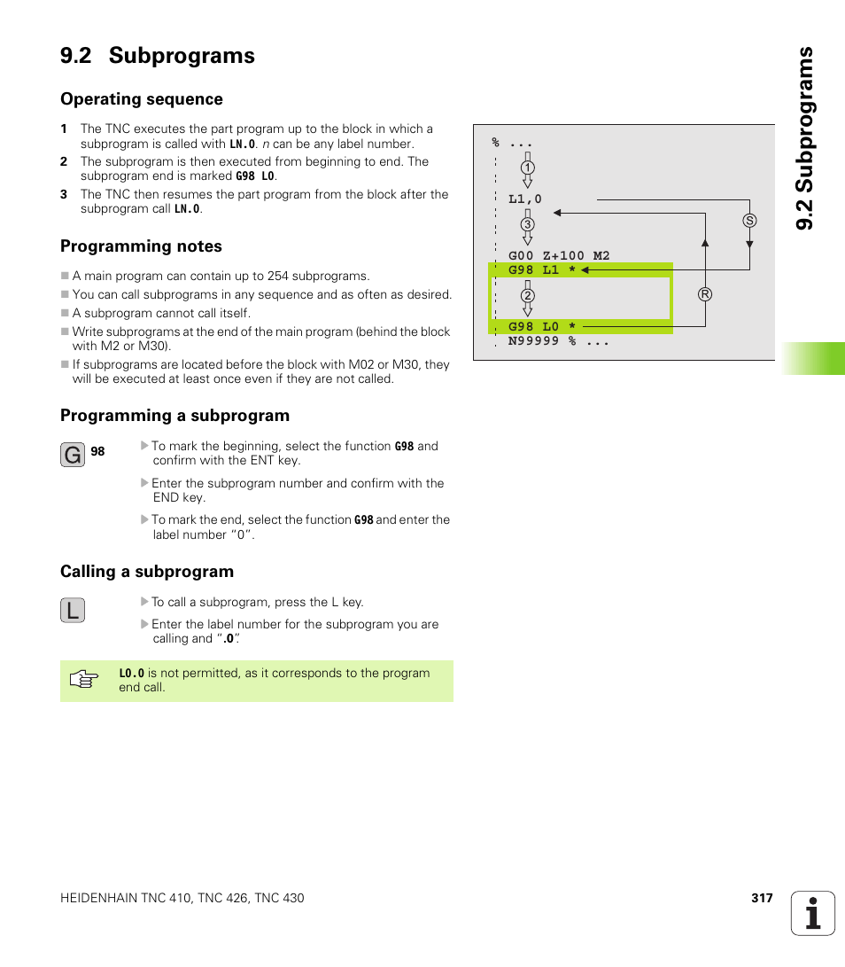 2 subprograms, Operating sequence, Programming notes | Programming a subprogram, Calling a subprogram, 2 sub p rogr ams 9.2 subprograms | HEIDENHAIN TNC 410 ISO Programming User Manual | Page 343 / 489