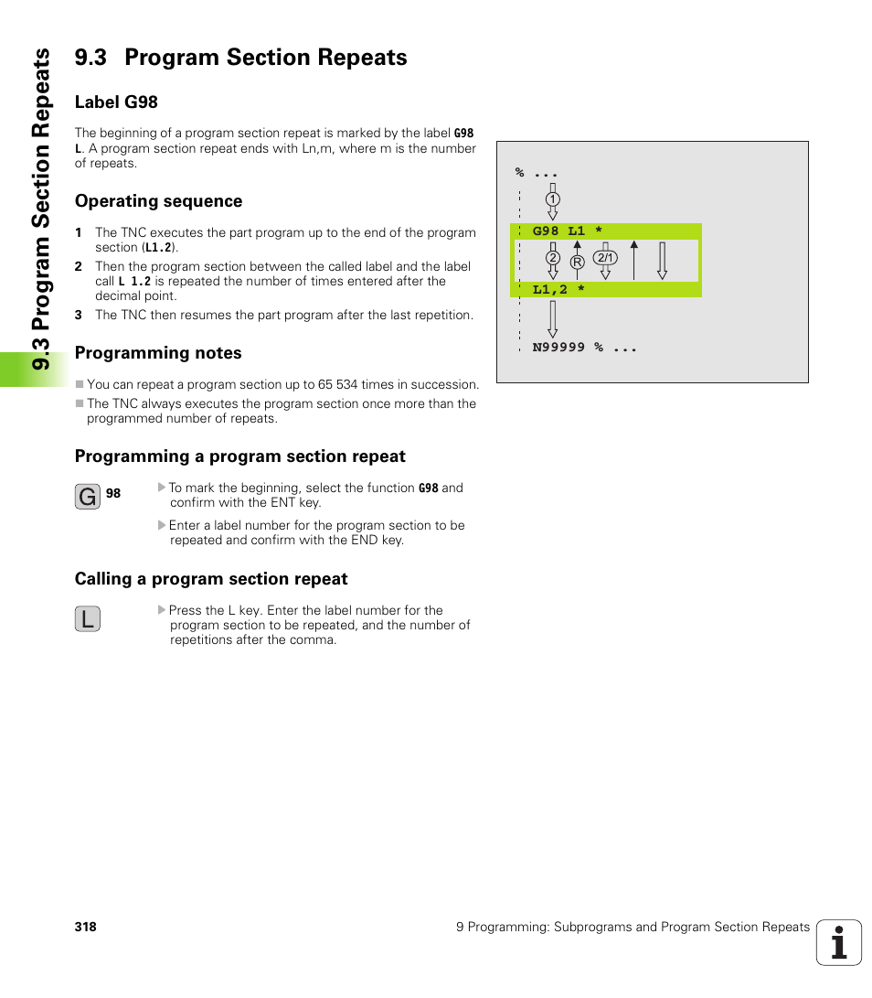 3 program section repeats, Label g98, Operating sequence | Programming notes, Programming a program section repeat, Calling a program section repeat | HEIDENHAIN TNC 410 ISO Programming User Manual | Page 344 / 489