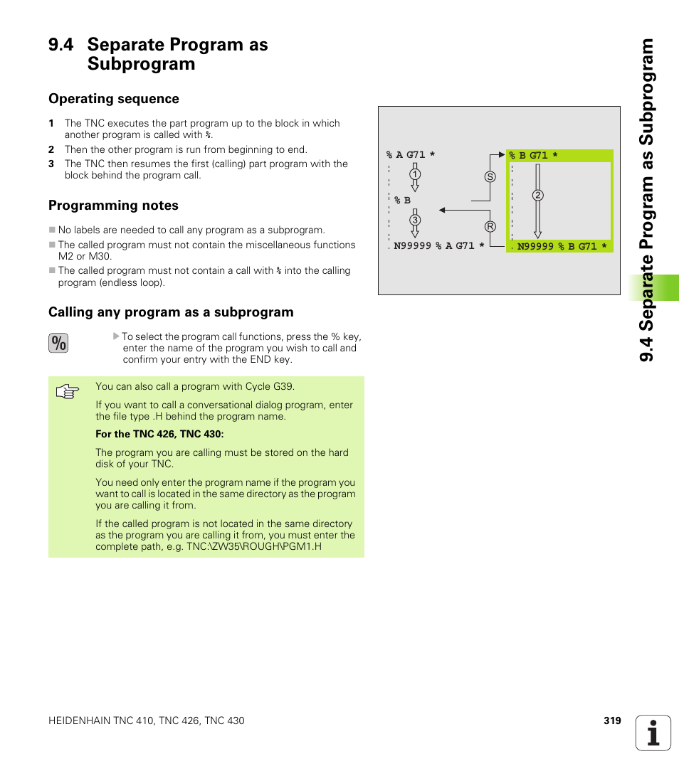 4 separate program as subprogram, Operating sequence, Programming notes | Calling any program as a subprogram | HEIDENHAIN TNC 410 ISO Programming User Manual | Page 345 / 489