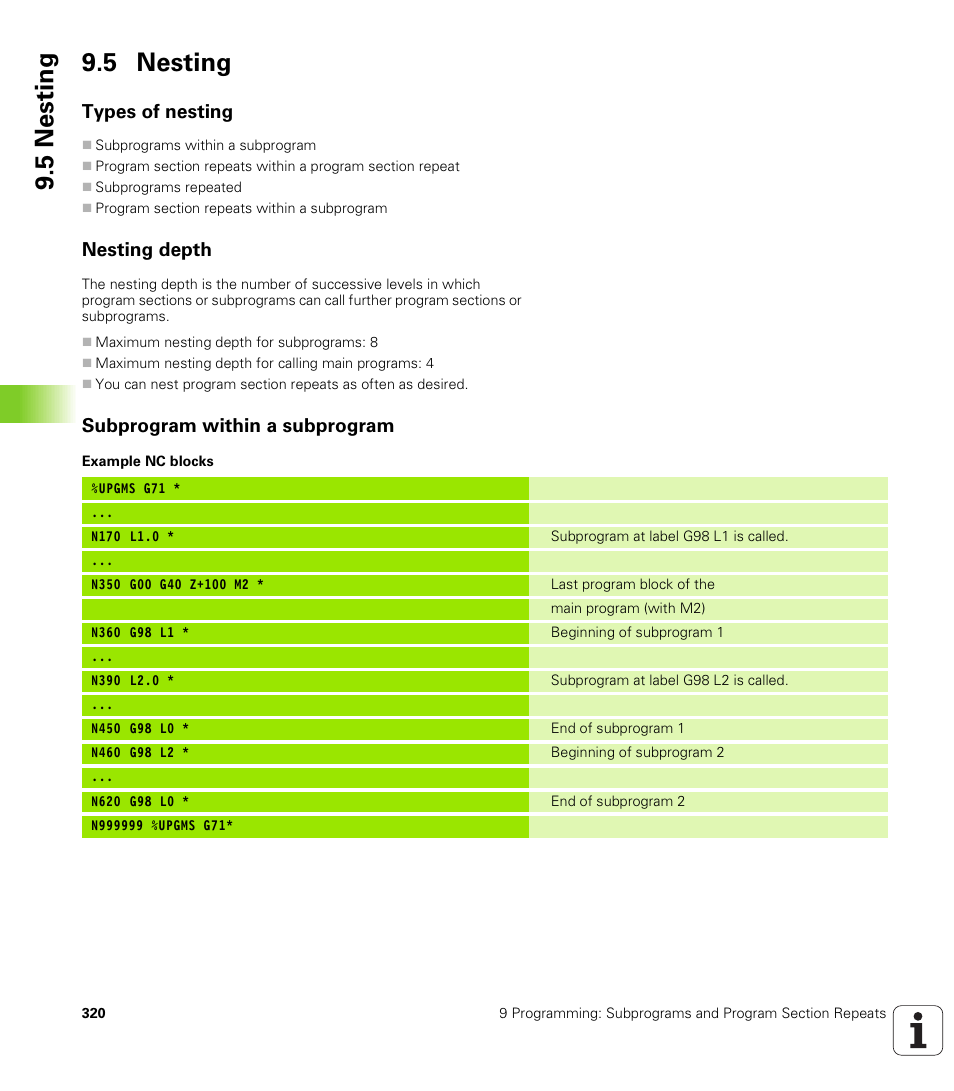 5 nesting, Types of nesting, Nesting depth | Subprogram within a subprogram, 5 nestin g 9.5 nesting | HEIDENHAIN TNC 410 ISO Programming User Manual | Page 346 / 489