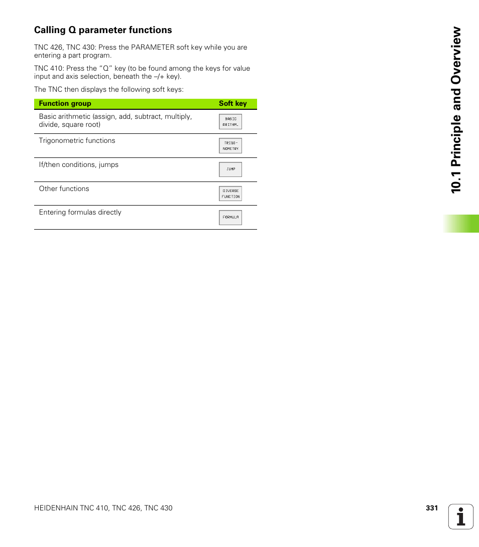 Calling q parameter functions, 10 .1 pr inc iple a nd o v erv iew | HEIDENHAIN TNC 410 ISO Programming User Manual | Page 357 / 489
