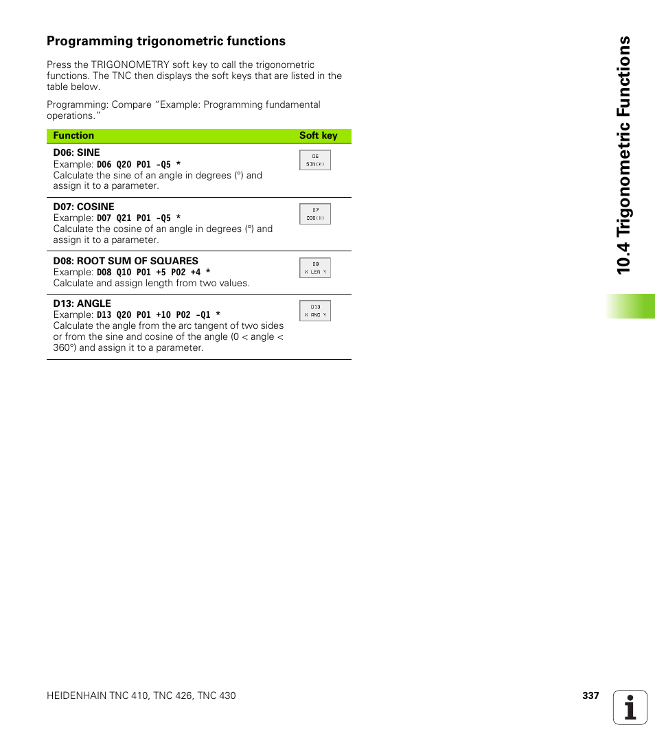 Programming trigonometric functions, 10 .4 t rig ono metr ic f u nction s | HEIDENHAIN TNC 410 ISO Programming User Manual | Page 363 / 489