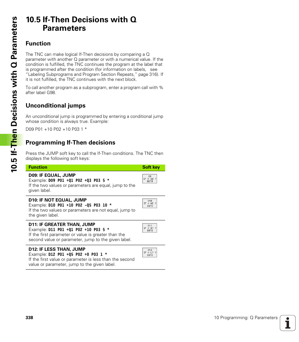 5 if-then decisions with q parameters, Function, Unconditional jumps | Programming if-then decisions, If/then conditions, jumps | HEIDENHAIN TNC 410 ISO Programming User Manual | Page 364 / 489