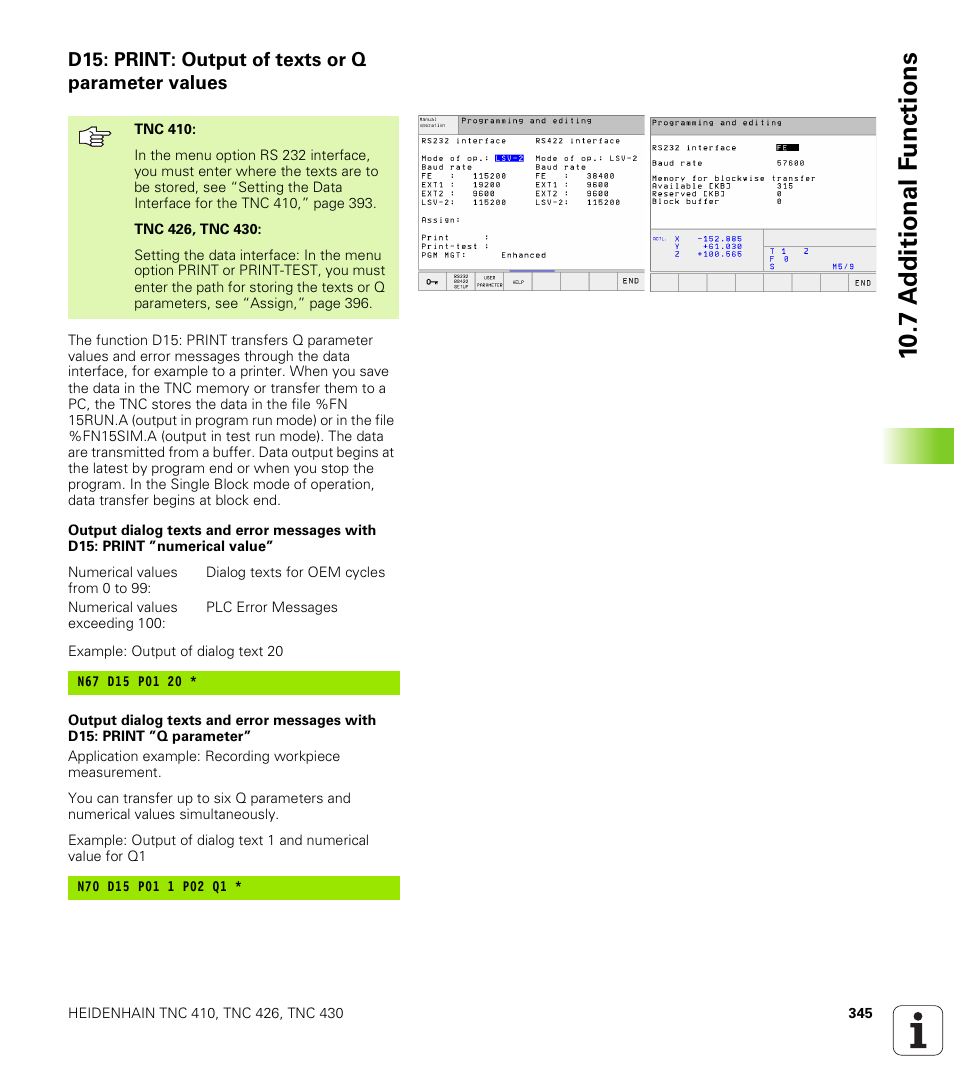 D15: print: output of texts or q parameter values, 10 .7 a d d ition al f u nc tion s | HEIDENHAIN TNC 410 ISO Programming User Manual | Page 371 / 489