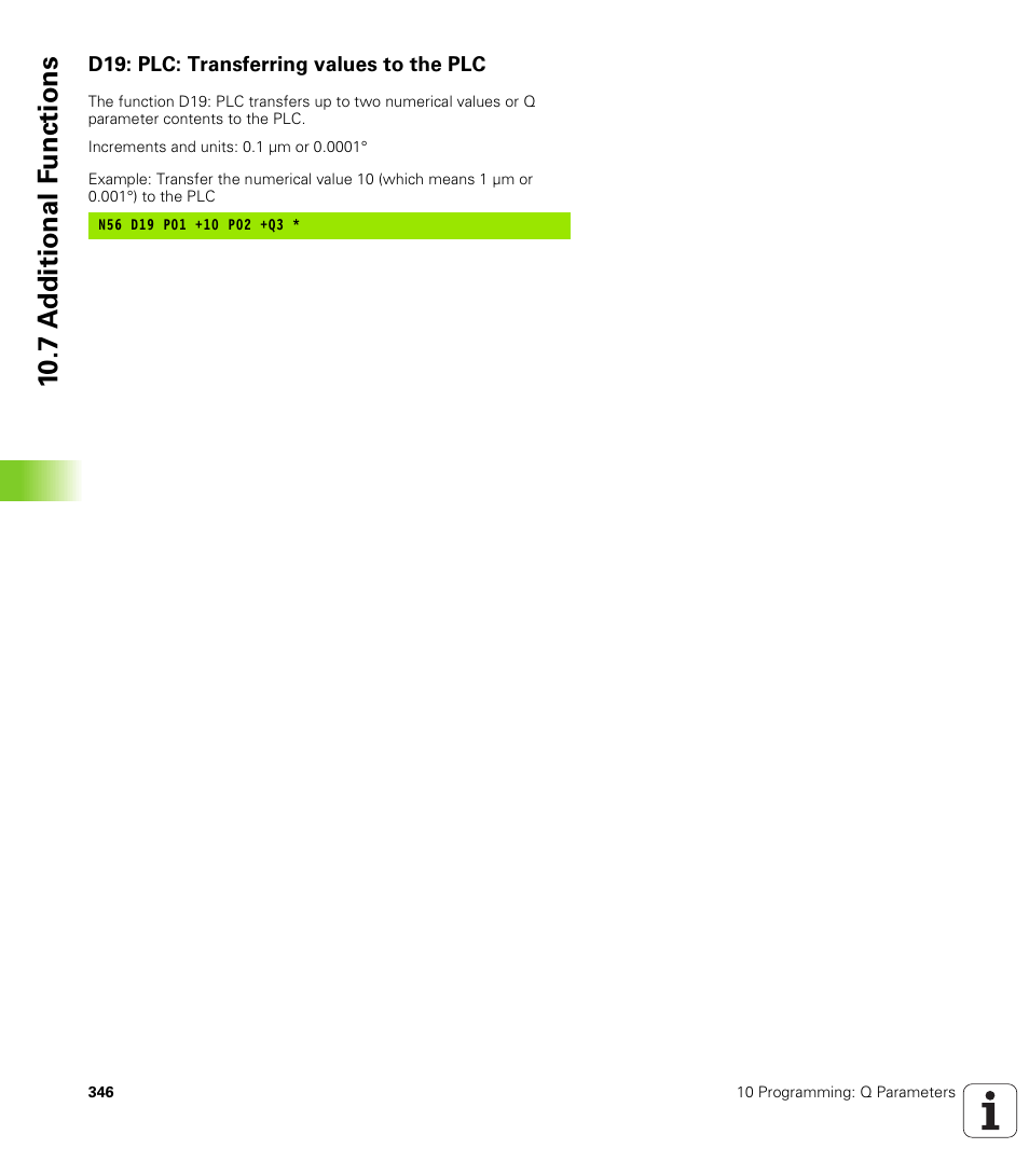 D19: plc: transferring values to the plc, 10 .7 a d d ition al f u nc tion s | HEIDENHAIN TNC 410 ISO Programming User Manual | Page 372 / 489