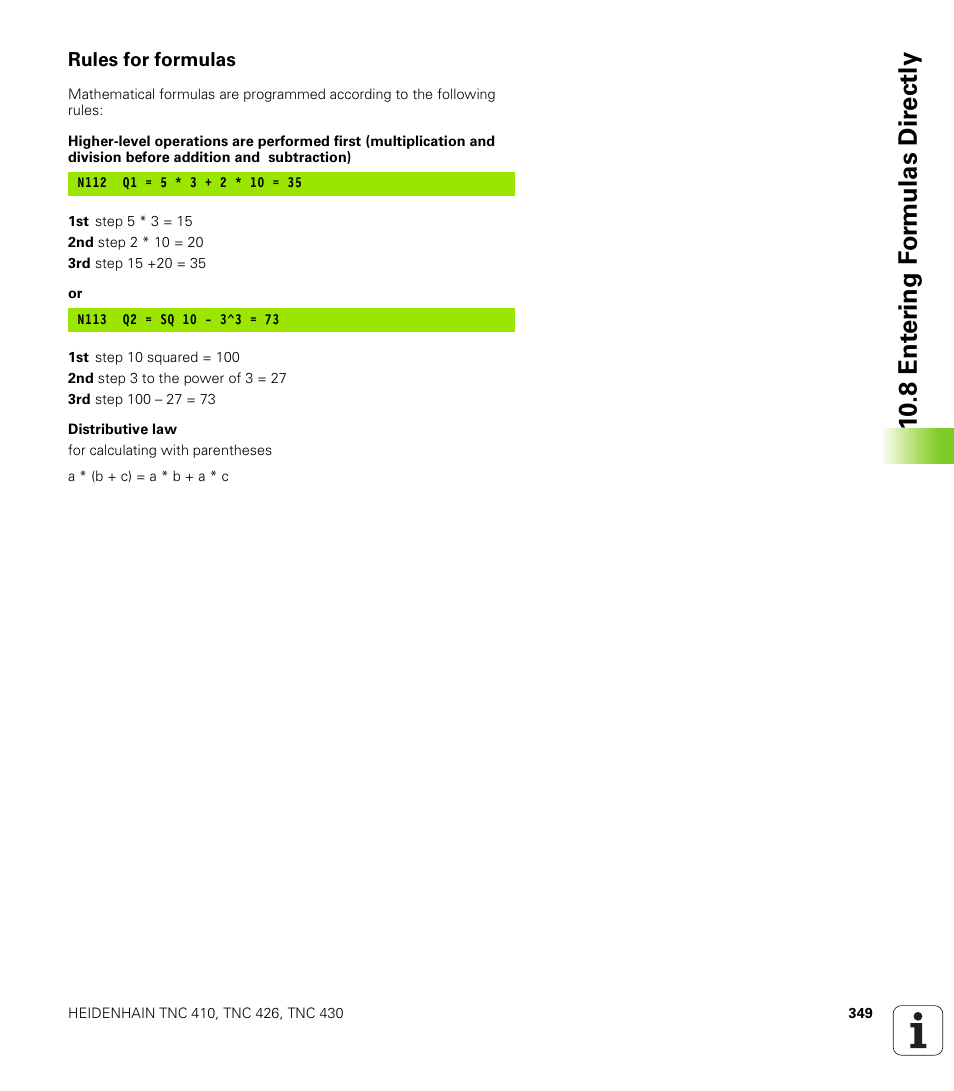 Rules for formulas, 10 .8 e n te ri ng f o rm u las d ir e ctly | HEIDENHAIN TNC 410 ISO Programming User Manual | Page 375 / 489