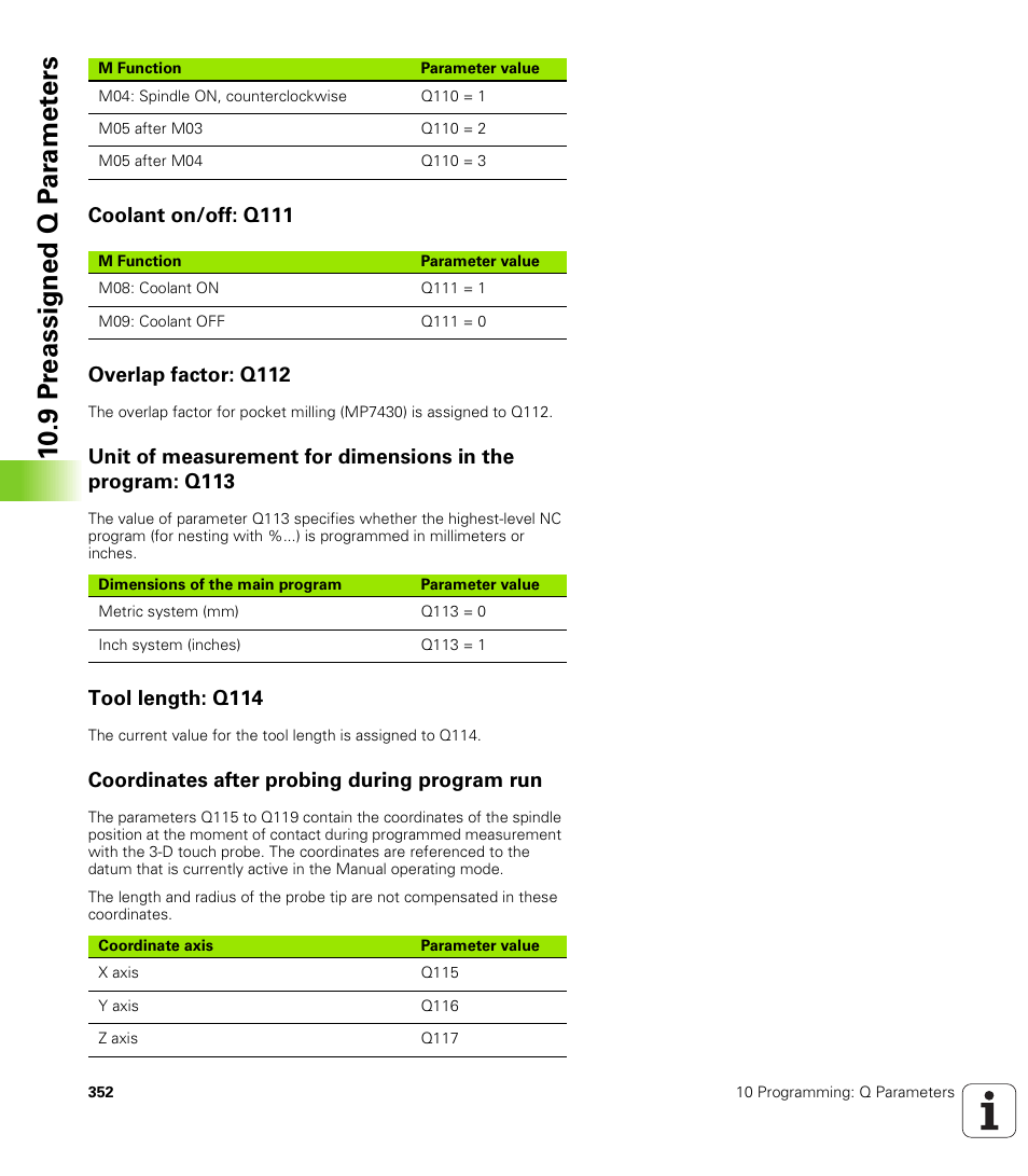 Coolant on/off: q111, Overlap factor: q112, Tool length: q114 | Coordinates after probing during program run | HEIDENHAIN TNC 410 ISO Programming User Manual | Page 378 / 489