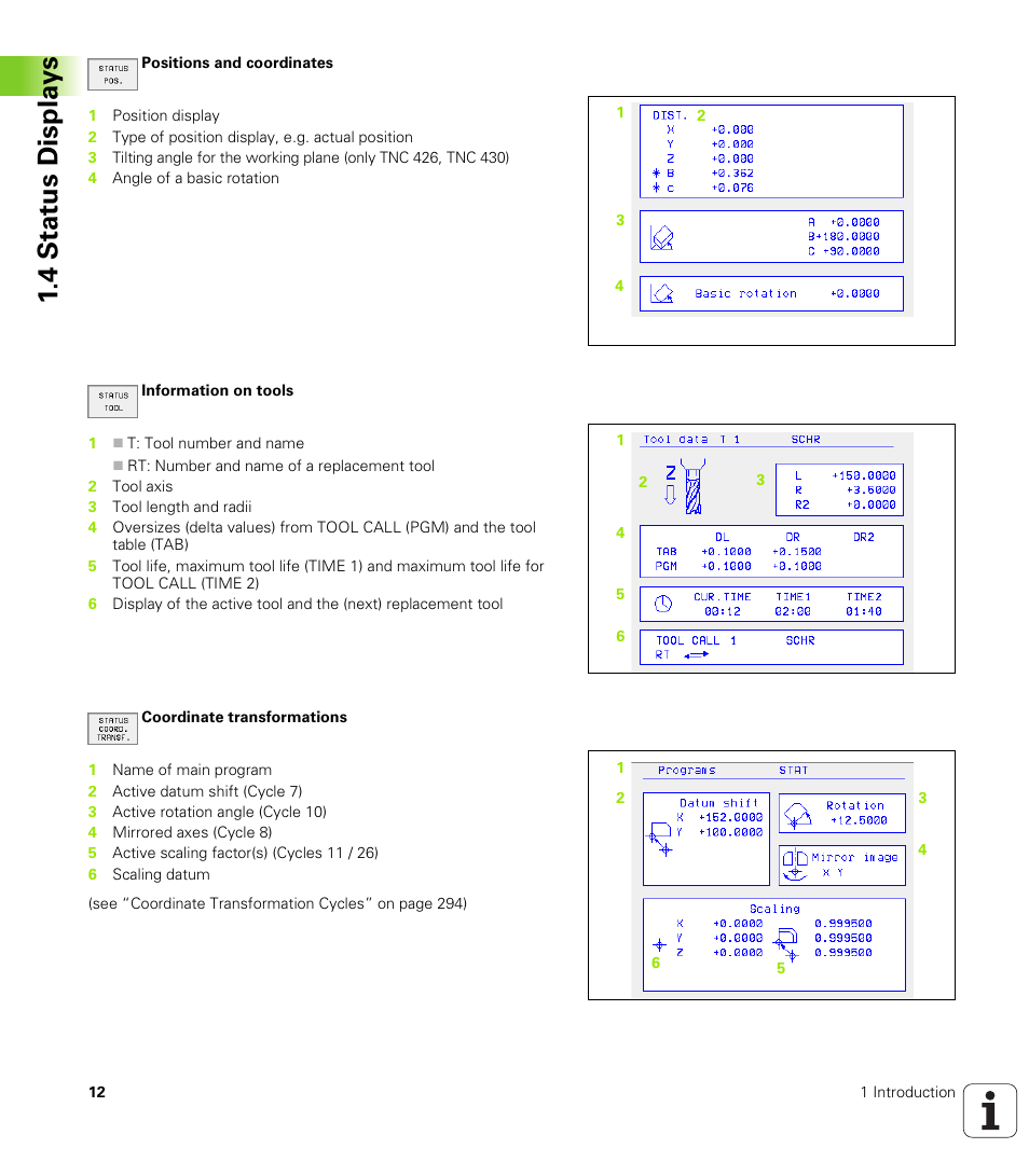 4 stat us displa y s | HEIDENHAIN TNC 410 ISO Programming User Manual | Page 38 / 489