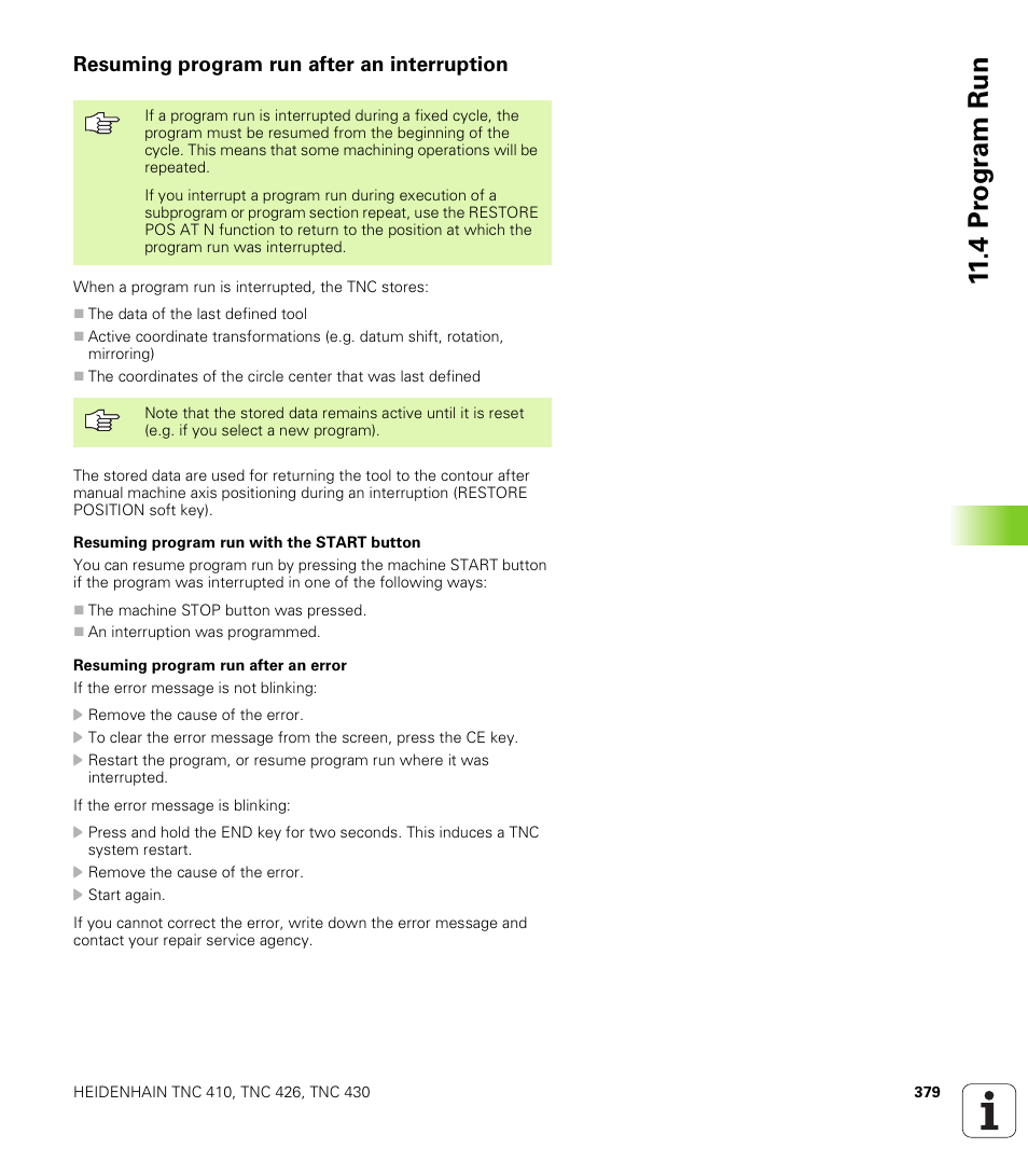 Resuming program run after an interruption | HEIDENHAIN TNC 410 ISO Programming User Manual | Page 405 / 489