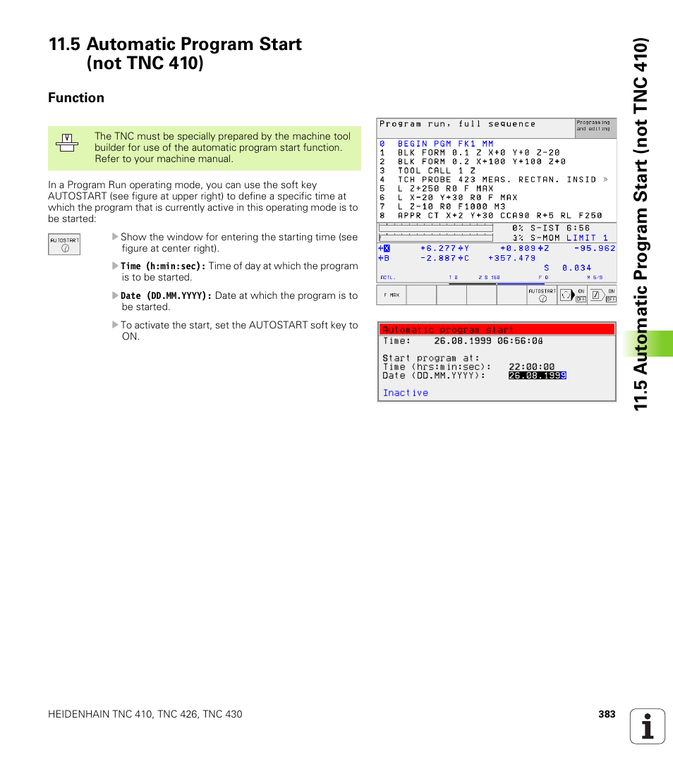 5 automatic program start (not tnc 410), Function | HEIDENHAIN TNC 410 ISO Programming User Manual | Page 409 / 489