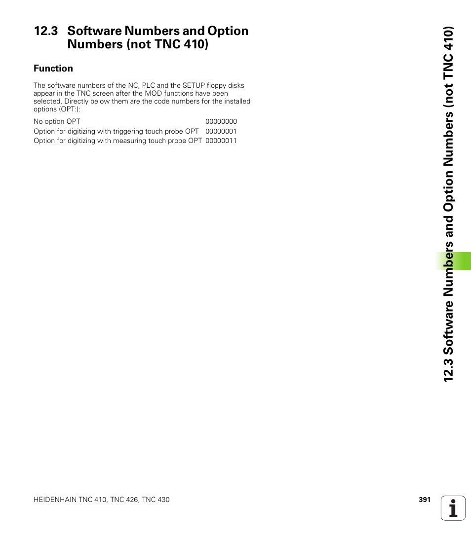 Function, Display software numbers | HEIDENHAIN TNC 410 ISO Programming User Manual | Page 417 / 489