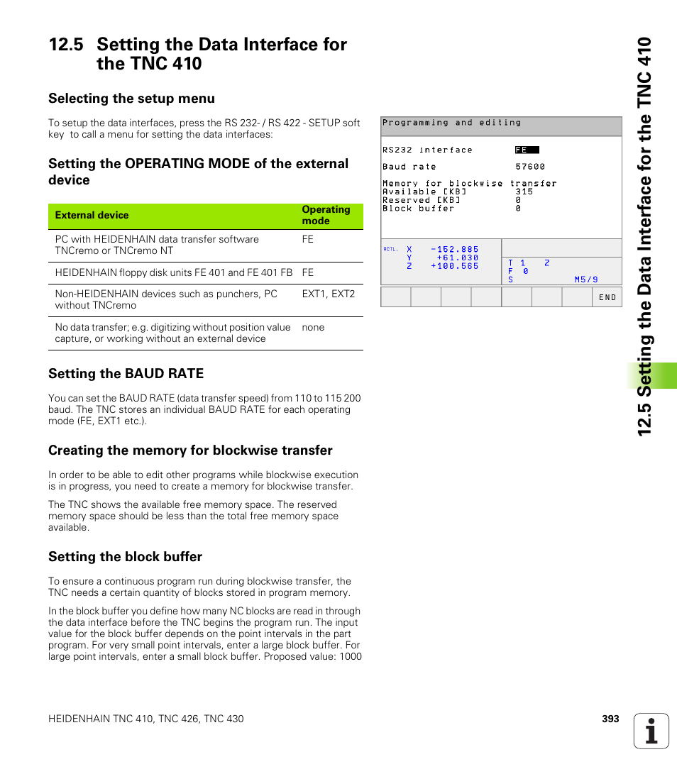 5 setting the data interface for the tnc 410, Selecting the setup menu, Setting the operating mode of the external device | Setting the baud rate, Creating the memory for blockwise transfer, Setting the block buffer | HEIDENHAIN TNC 410 ISO Programming User Manual | Page 419 / 489