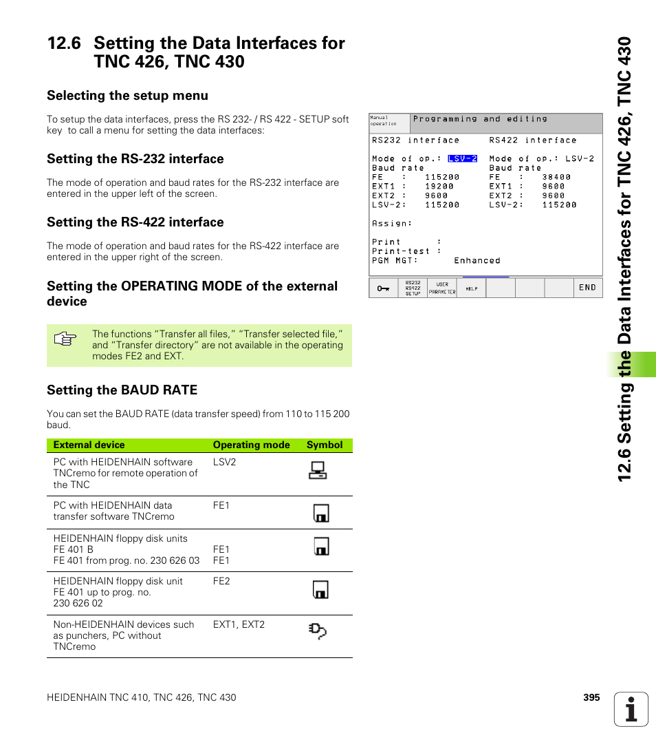 6 setting the data interfaces for tnc426, tnc430, Selecting the setup menu, Setting the rs-232 interface | Setting the rs-422 interface, Setting the operating mode of the external device, Setting the baud rate, 6 setting the data interfaces for tnc 426, tnc 430, Set data interface, Setting the data interface | HEIDENHAIN TNC 410 ISO Programming User Manual | Page 421 / 489