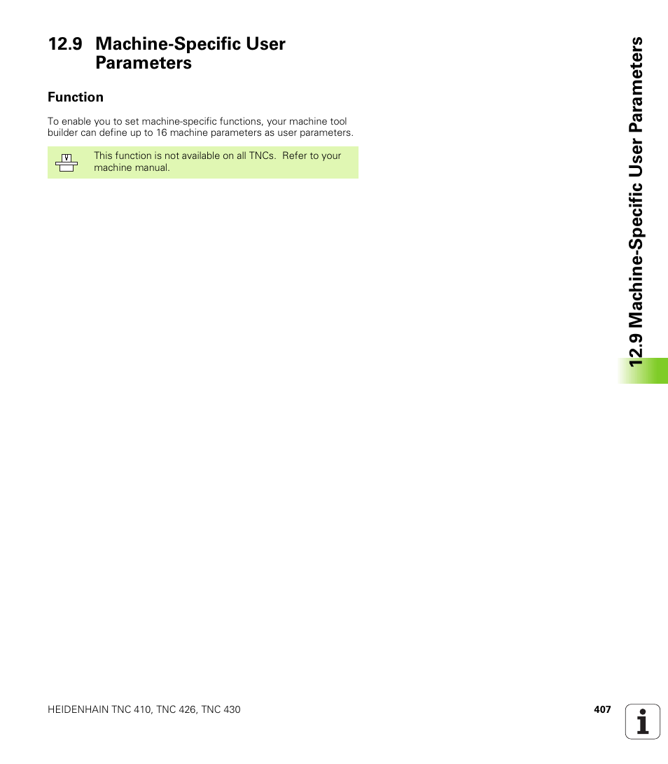 9 machine-specific user parameters, Function, Machine-specific user parameters (if provided) | HEIDENHAIN TNC 410 ISO Programming User Manual | Page 433 / 489