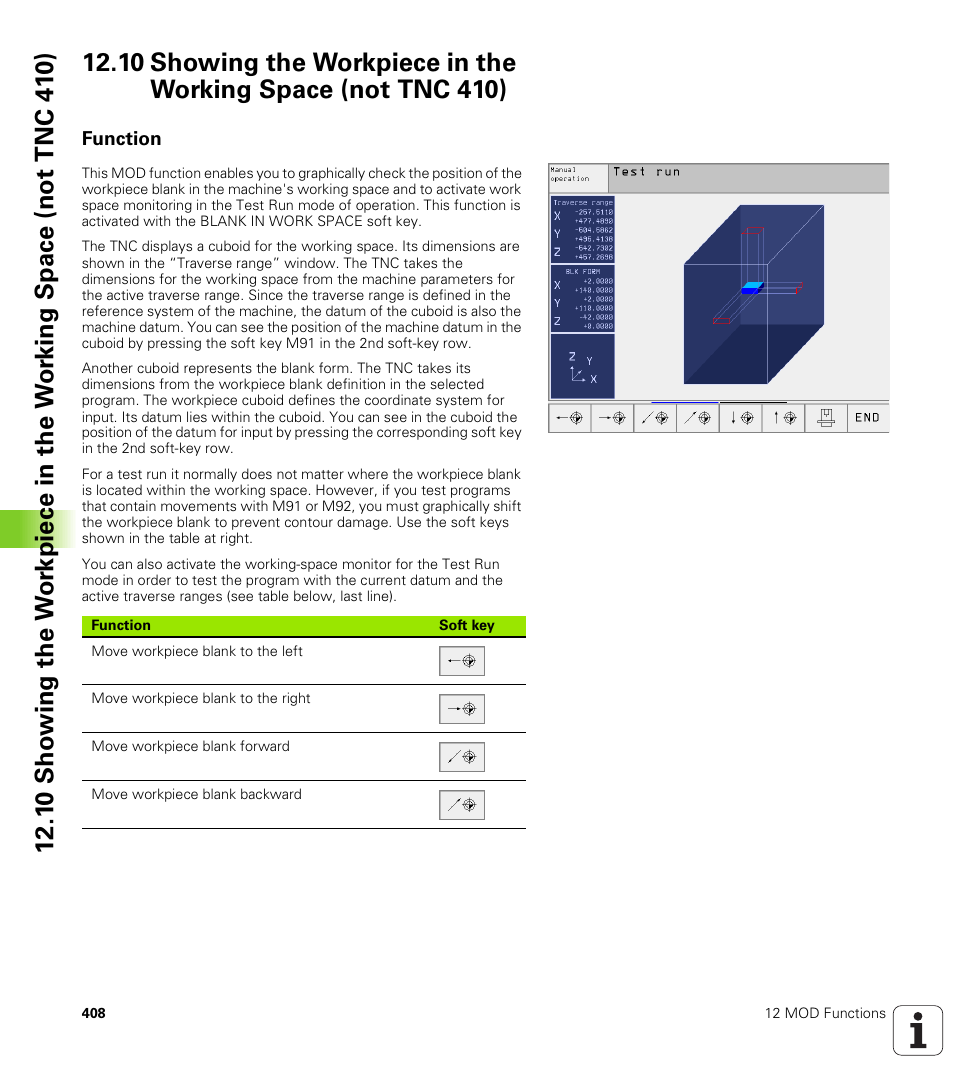 Function, Showing the workpiece in the working space | HEIDENHAIN TNC 410 ISO Programming User Manual | Page 434 / 489