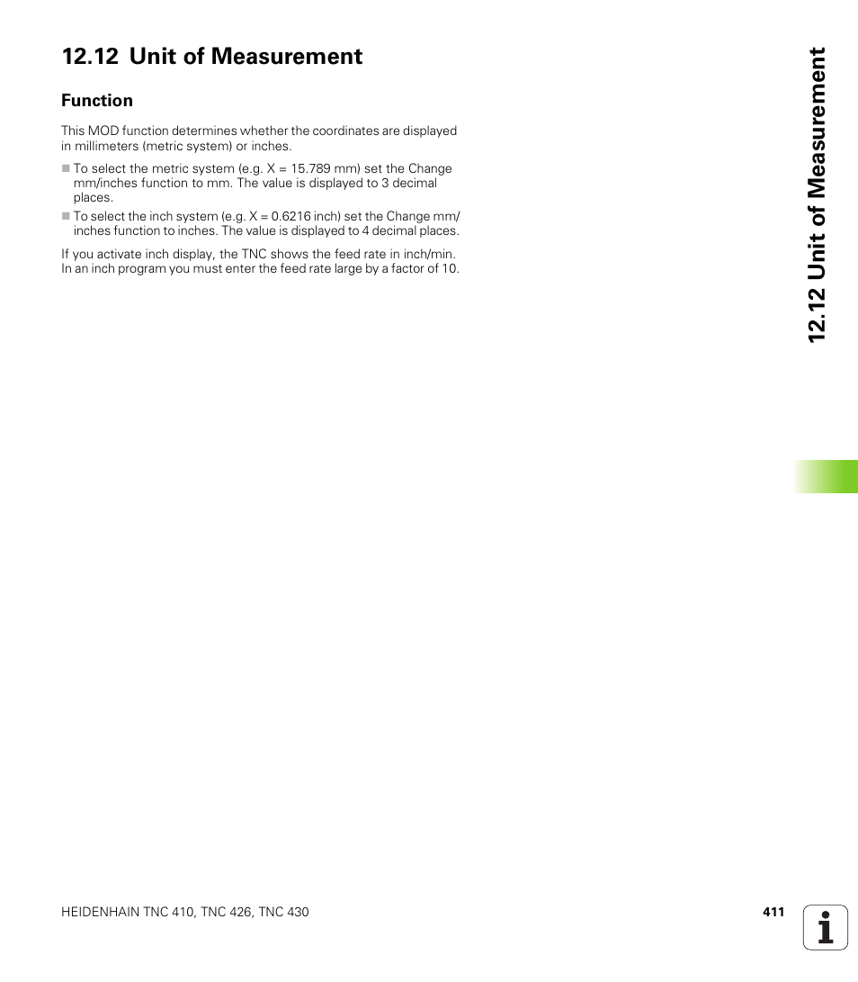 12 unit of measurement, Function, Unit of measurement (mm/inches) | HEIDENHAIN TNC 410 ISO Programming User Manual | Page 437 / 489