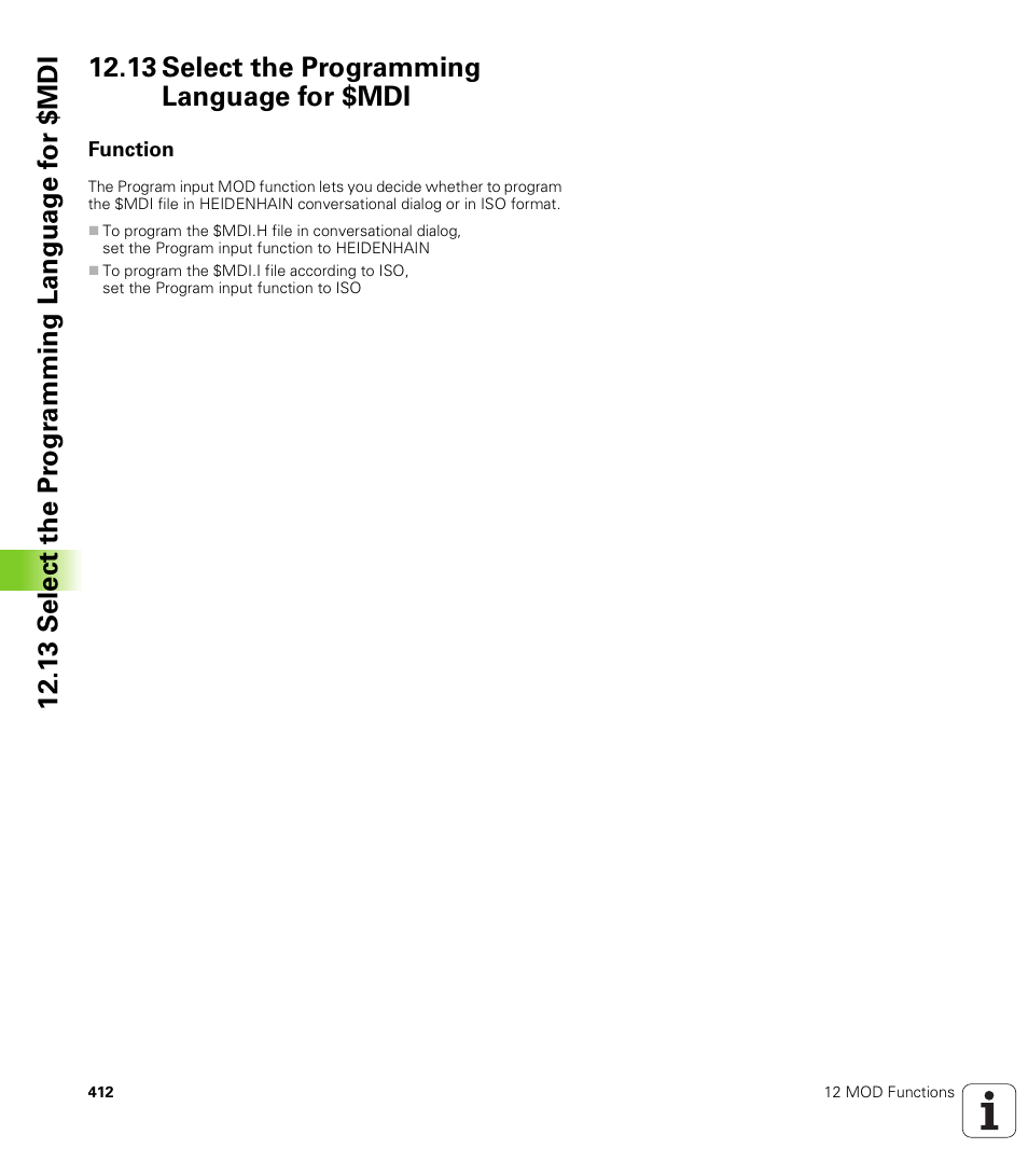 13 select the programming language for $mdi, Function, Programming language for mdi | HEIDENHAIN TNC 410 ISO Programming User Manual | Page 438 / 489