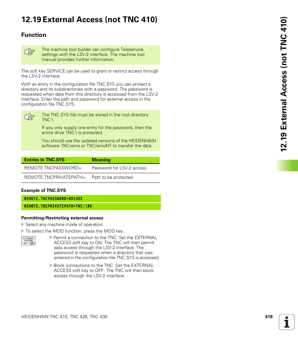19 external access (not tnc410), Function, 19 external access (not tnc 410) | HEIDENHAIN TNC 410 ISO Programming User Manual | Page 445 / 489