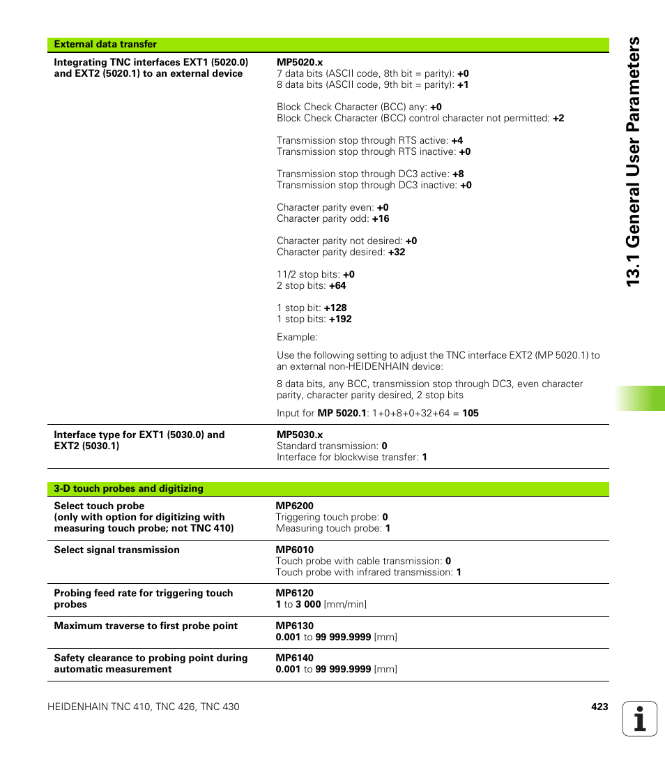 1 gener a l user p a ra met e rs | HEIDENHAIN TNC 410 ISO Programming User Manual | Page 449 / 489