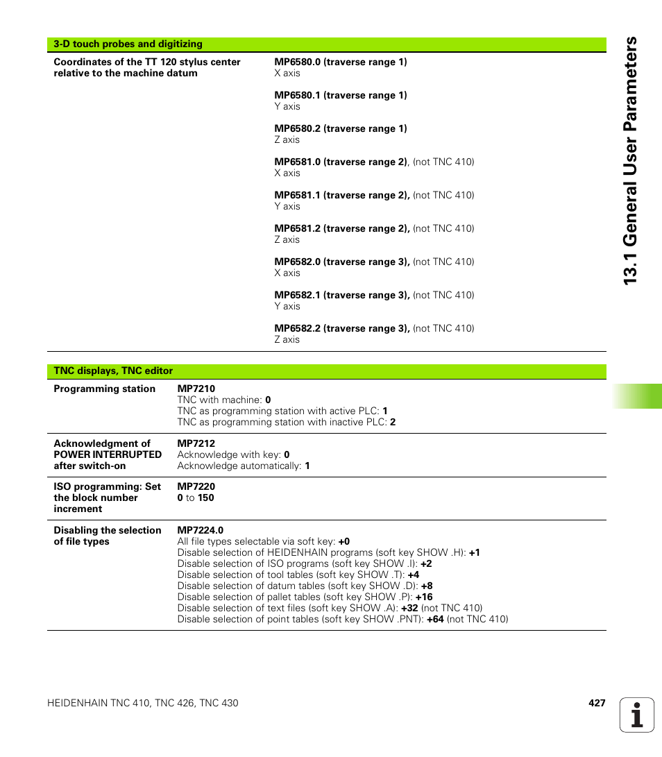 1 gener a l user p a ra met e rs | HEIDENHAIN TNC 410 ISO Programming User Manual | Page 453 / 489