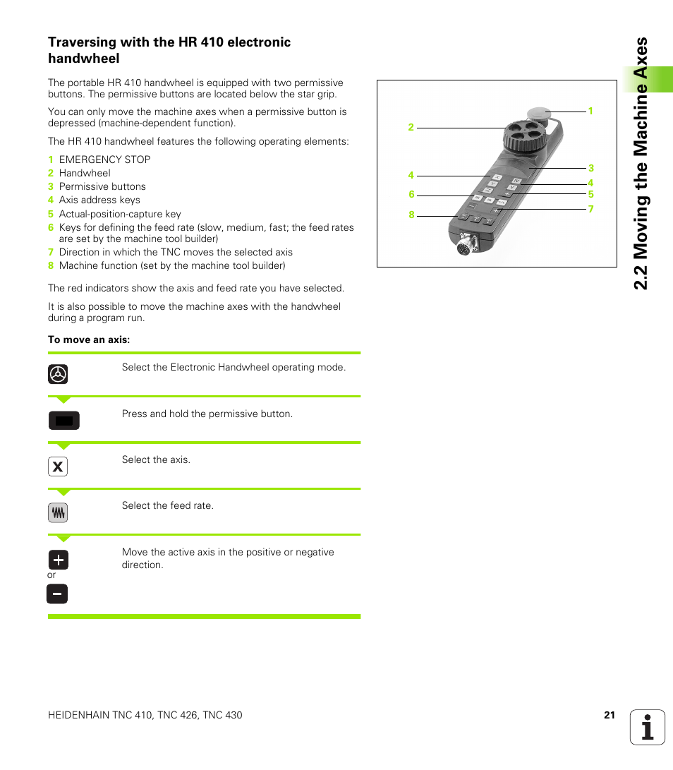 Traversing with the hr410 electronic handwheel, Traversing with the hr 410 electronic handwheel, 2 mo v ing th e mac h in e ax e s | HEIDENHAIN TNC 410 ISO Programming User Manual | Page 47 / 489