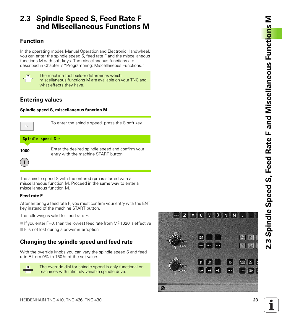 Function, Entering values, Changing the spindle speed and feed rate | HEIDENHAIN TNC 410 ISO Programming User Manual | Page 49 / 489