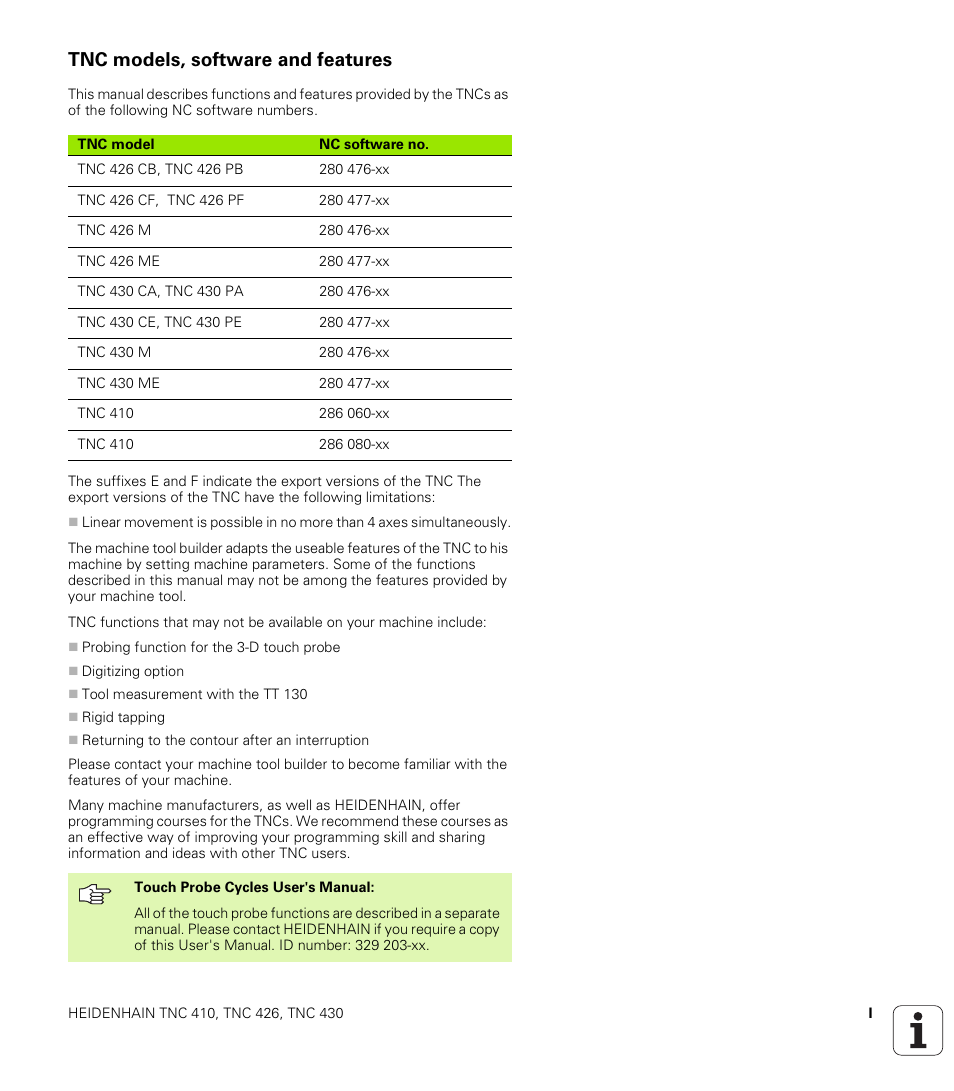 Tnc models, software and features | HEIDENHAIN TNC 410 ISO Programming User Manual | Page 5 / 489