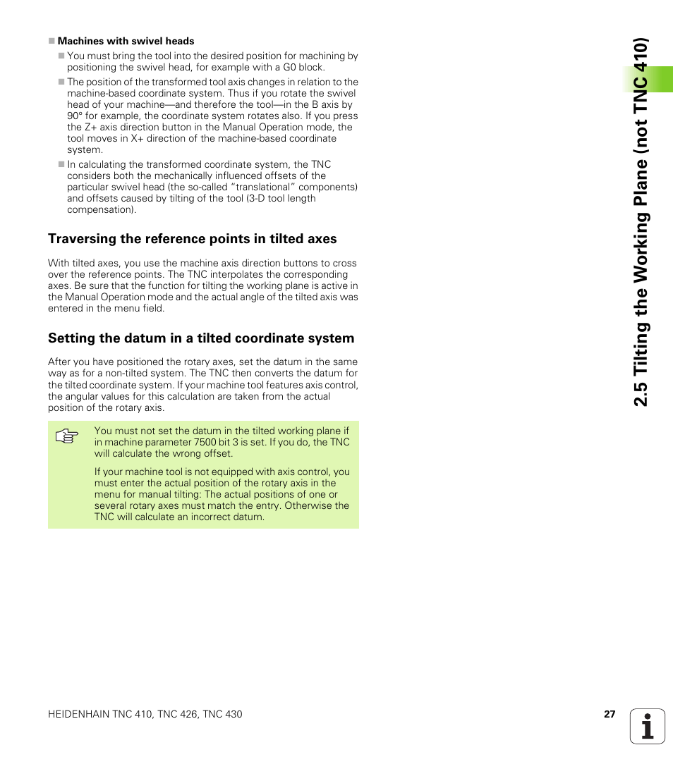 Traversing the reference points in tilted axes, Setting the datum in a tilted coordinate system | HEIDENHAIN TNC 410 ISO Programming User Manual | Page 53 / 489