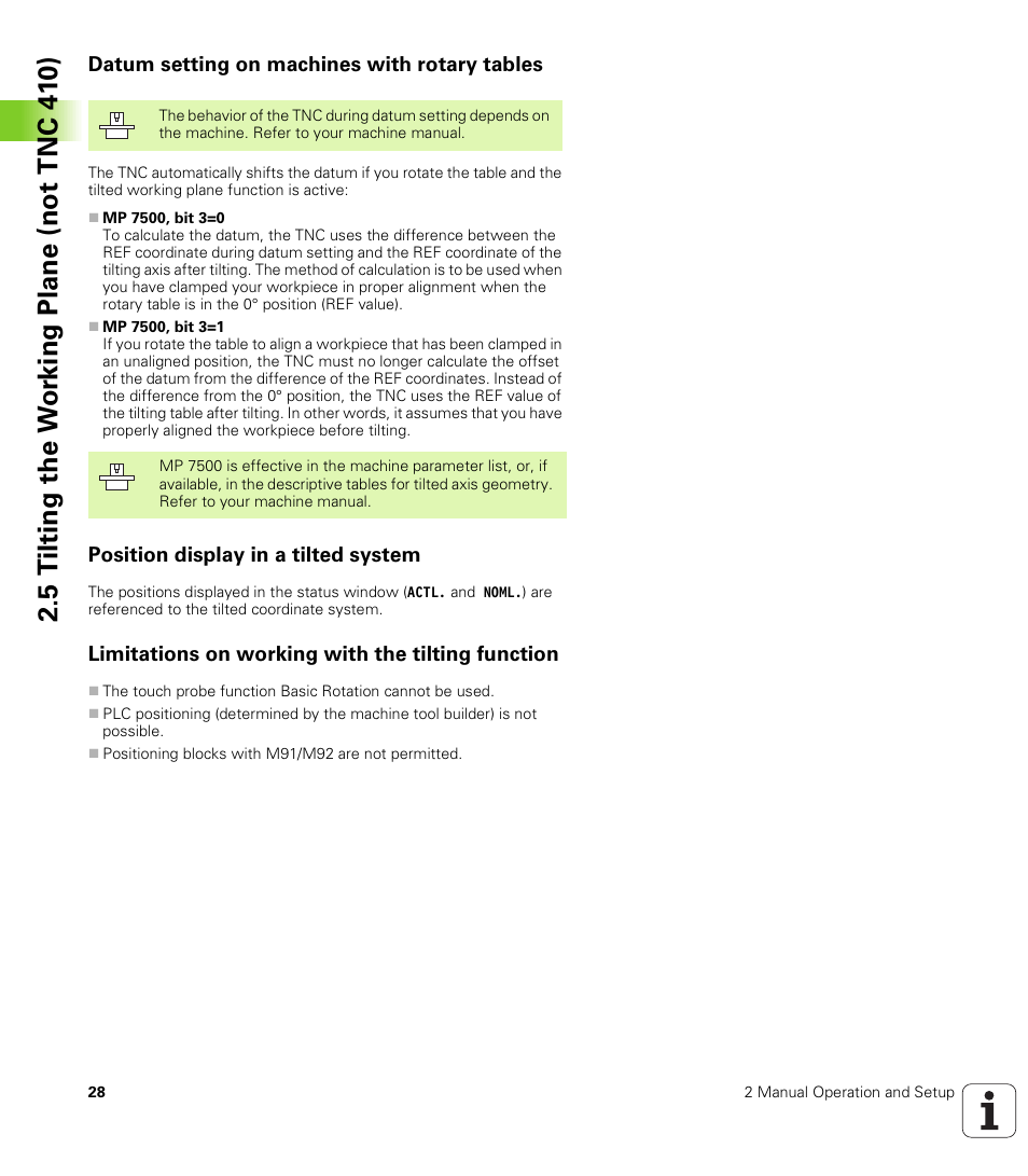 Datum setting on machines with rotary tables, Position display in a tilted system, Limitations on working with the tilting function | HEIDENHAIN TNC 410 ISO Programming User Manual | Page 54 / 489