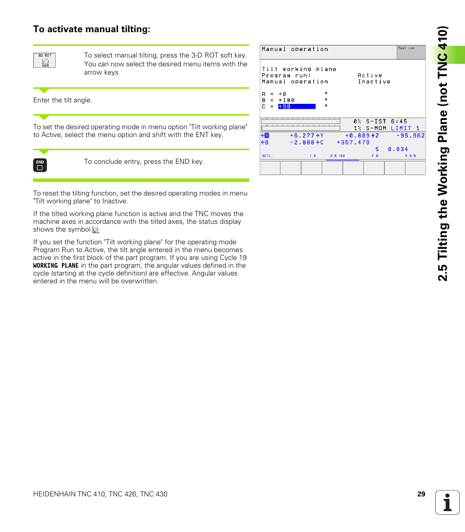 To activate manual tilting | HEIDENHAIN TNC 410 ISO Programming User Manual | Page 55 / 489