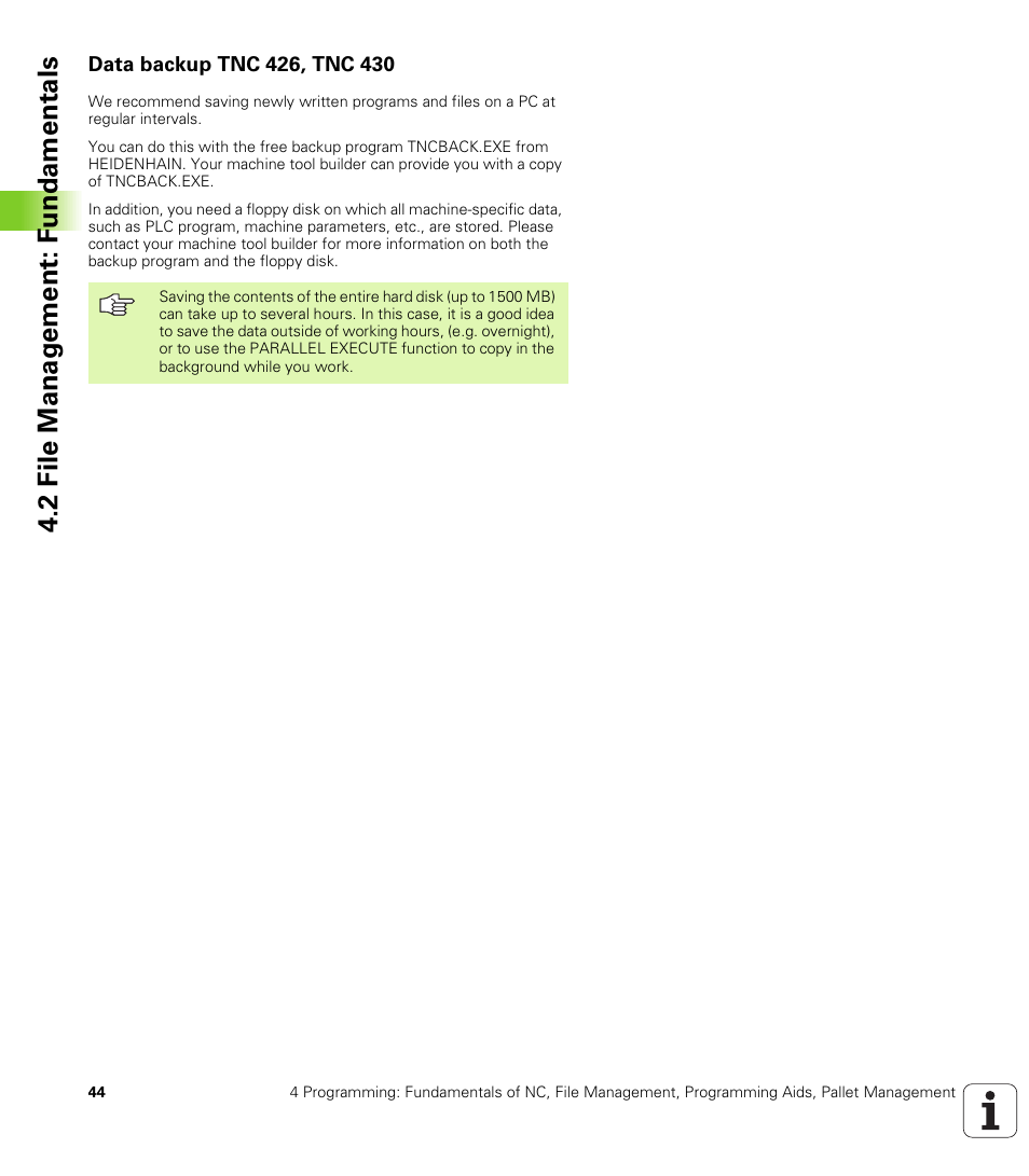 Data backup tnc 426, tnc 430 | HEIDENHAIN TNC 410 ISO Programming User Manual | Page 70 / 489