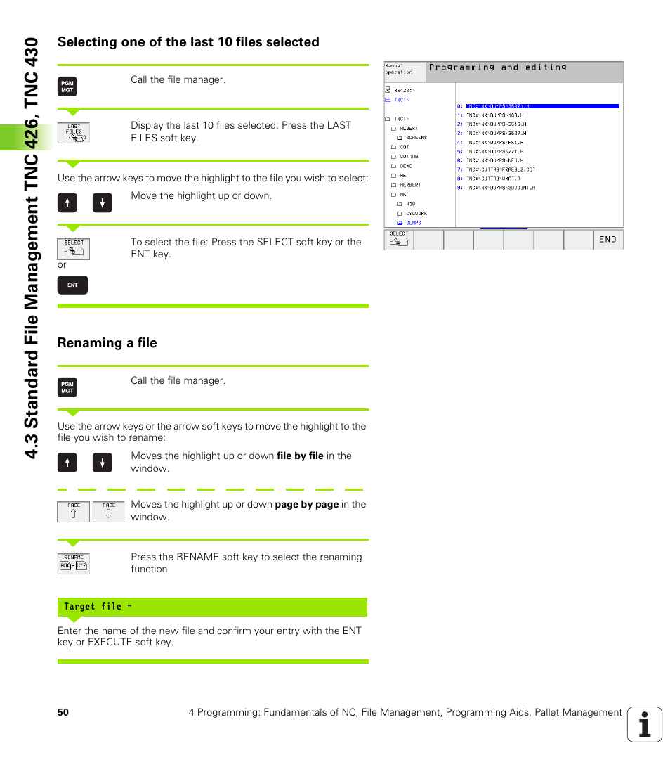 Selecting one of the last 10 files selected, Renaming a file | HEIDENHAIN TNC 410 ISO Programming User Manual | Page 76 / 489