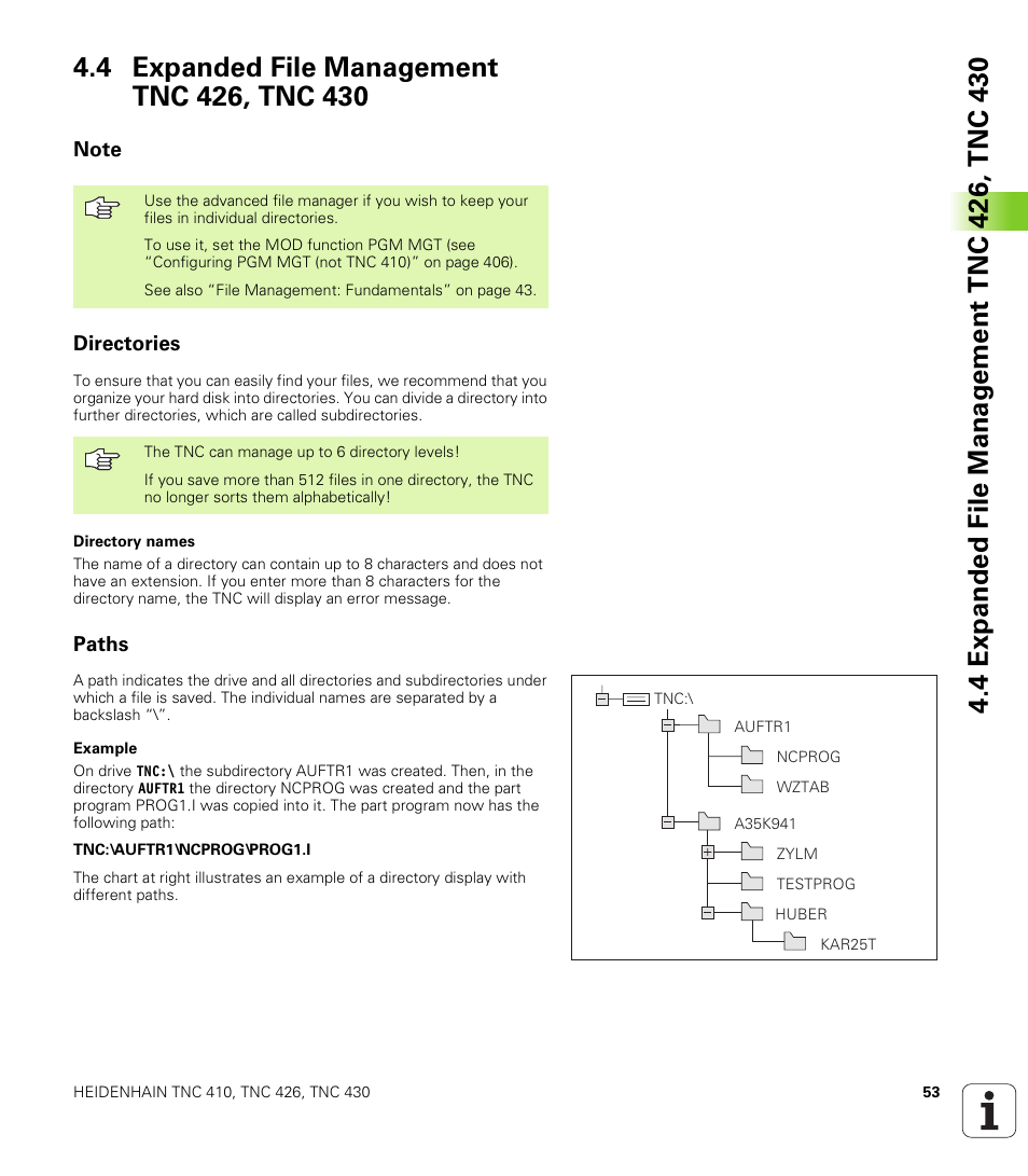 4 expanded file management tnc 426, tnc 430, Note, Directories | Paths | HEIDENHAIN TNC 410 ISO Programming User Manual | Page 79 / 489