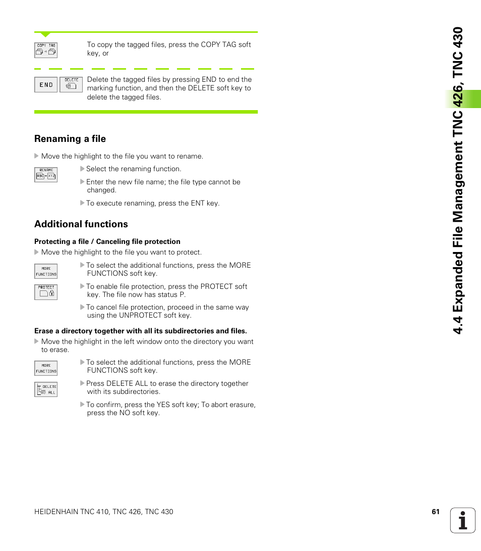 Renaming a file, Additional functions, Protect a file against editing and erasure | Cancel file protection, Delete directory with all its subdirectories | HEIDENHAIN TNC 410 ISO Programming User Manual | Page 87 / 489