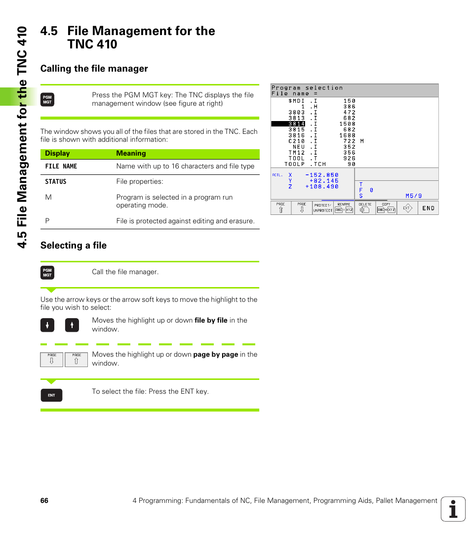 5 file management for the tnc410, Calling the file manager, Selecting a file | 5 file management for the tnc 410 | HEIDENHAIN TNC 410 ISO Programming User Manual | Page 92 / 489