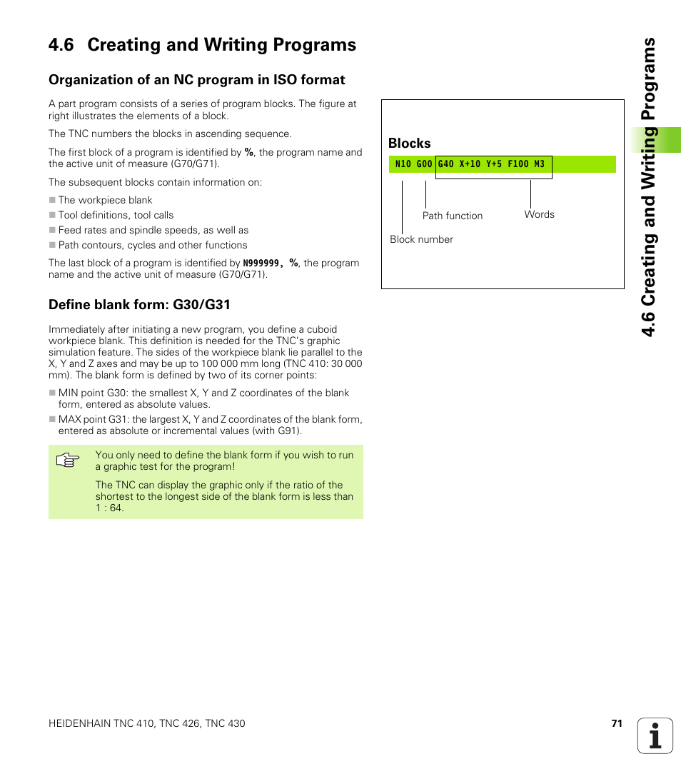 6 creating and writing programs, Organization of an nc program in iso format, Define blank form: g30/g31 | Organization of an nc program in iso format, Define blank form | HEIDENHAIN TNC 410 ISO Programming User Manual | Page 97 / 489