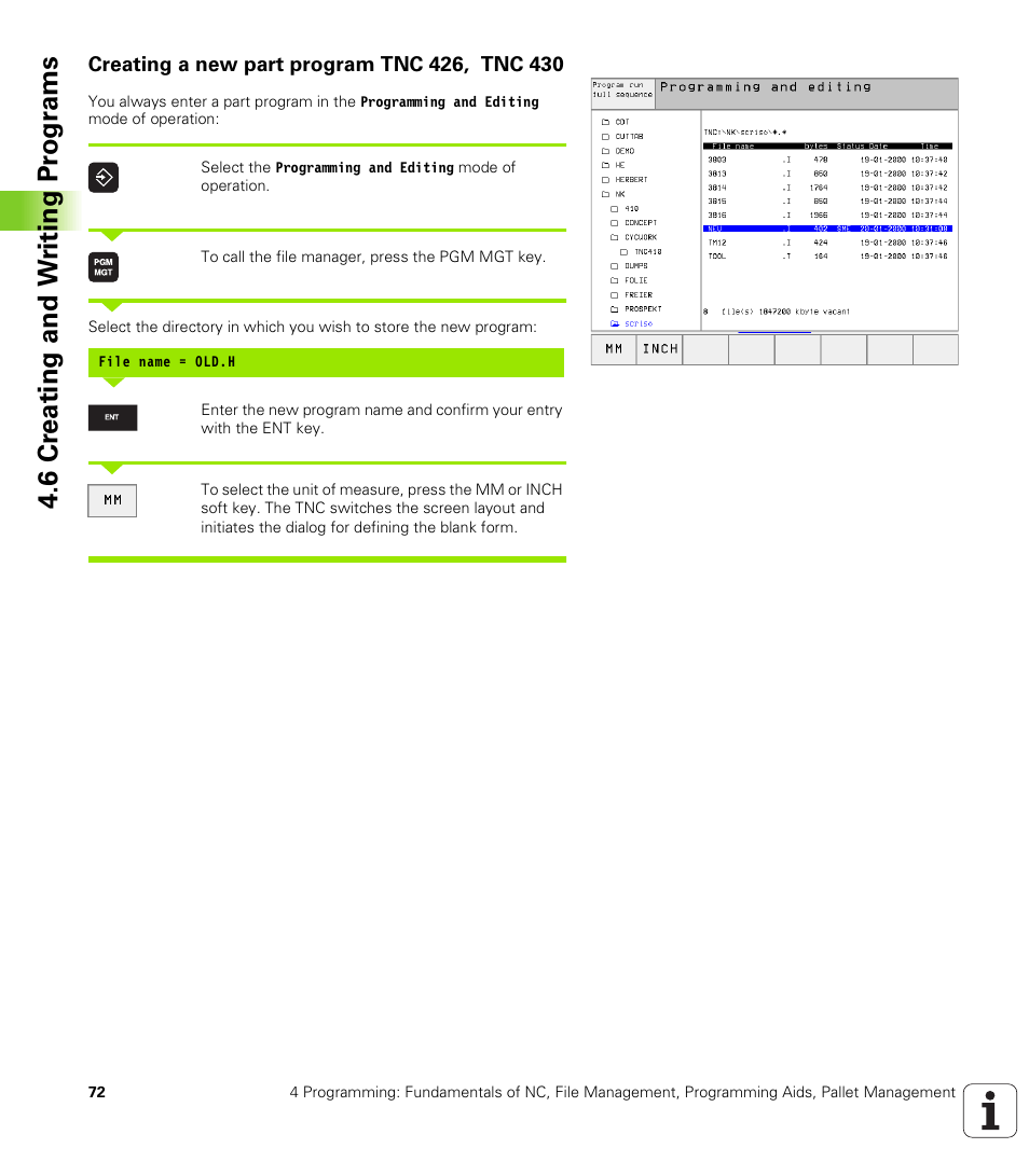 Creating a new part program tnc426, tnc430, Creating a new part program tnc 426, tnc 430, 6 cr eating and w riting pr ogr ams | HEIDENHAIN TNC 410 ISO Programming User Manual | Page 98 / 489