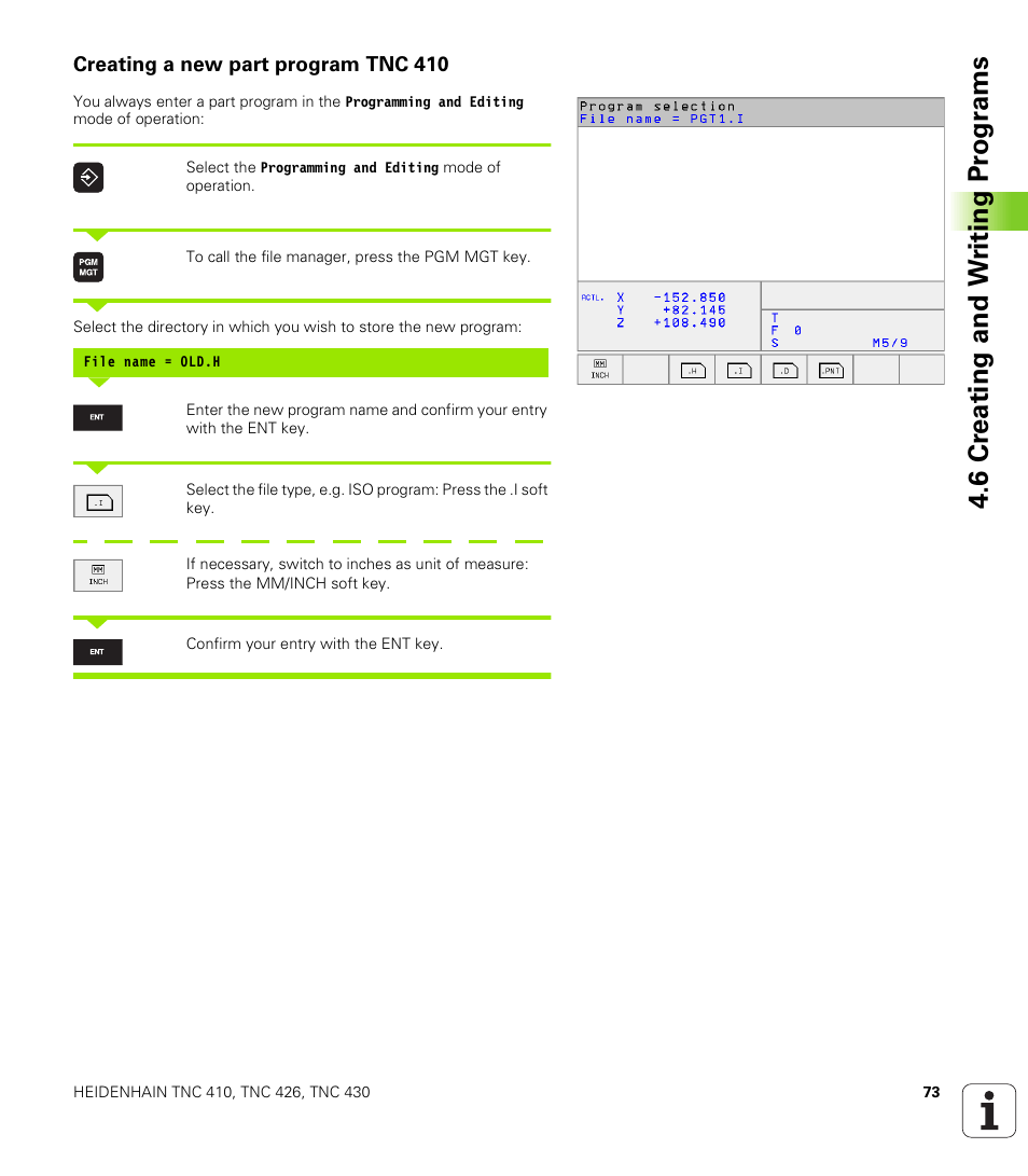 Creating a new part program tnc410, Creating a new part program tnc 410, 6 cr eating and w riting pr ogr ams | HEIDENHAIN TNC 410 ISO Programming User Manual | Page 99 / 489