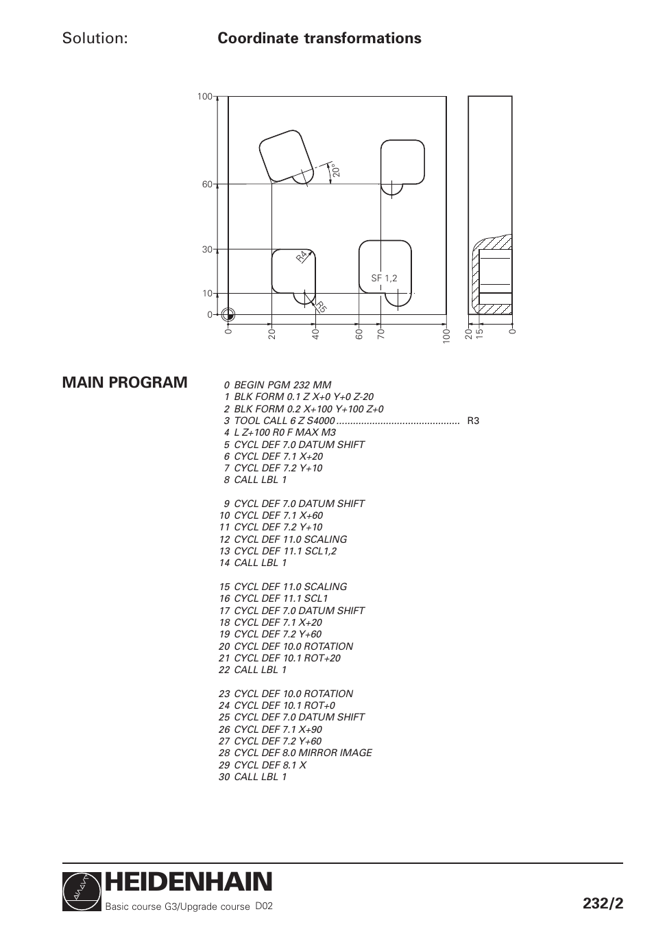 Heidenhain, Solution: coordinate transformations 232/2, Main program | HEIDENHAIN TNC 426 (280 460) Training Basic User Manual | Page 100 / 110