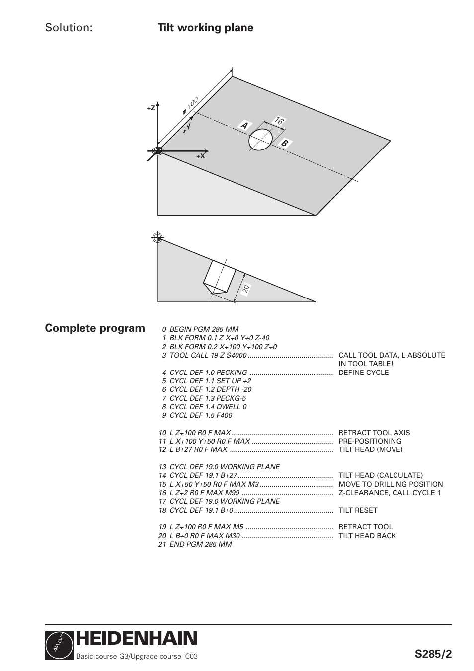 Heidenhain, Solution: tilt working plane s285/2, Complete program | HEIDENHAIN TNC 426 (280 460) Training Basic User Manual | Page 108 / 110